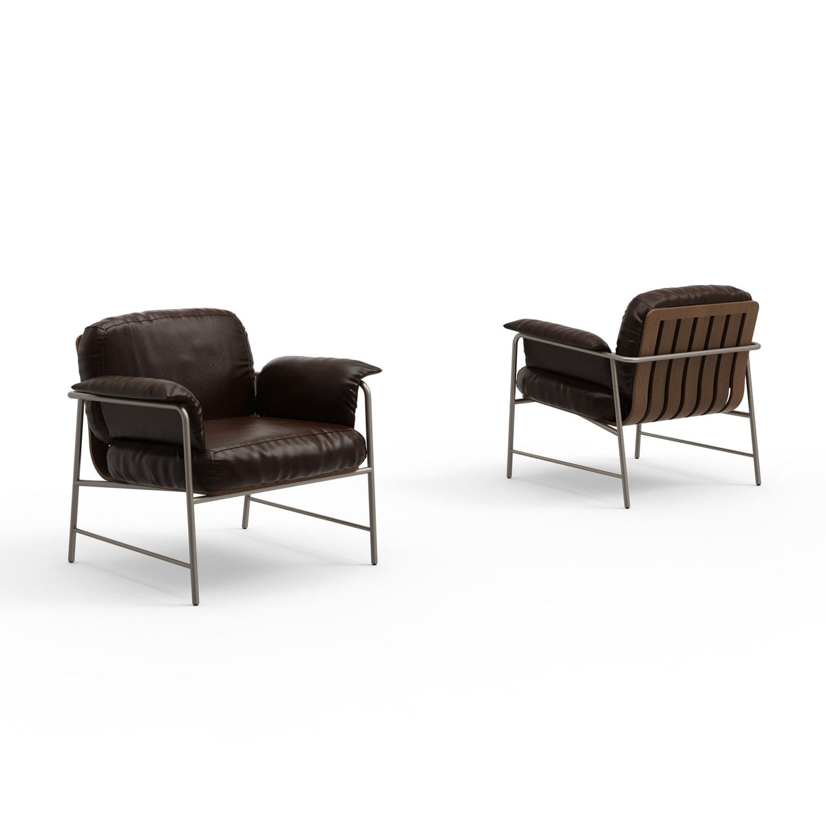 Poltronas em revestimento liso lado a lado, uma de frente e outra de costas com ripas de madeira