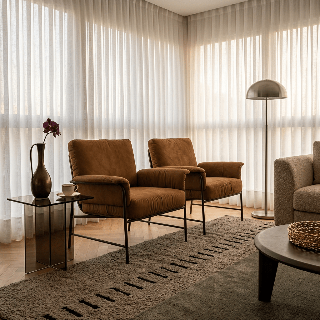 Poltronas lado a lado em sala de estar com cortinas, luminária de piso, mesa lateral de vidro e tapete