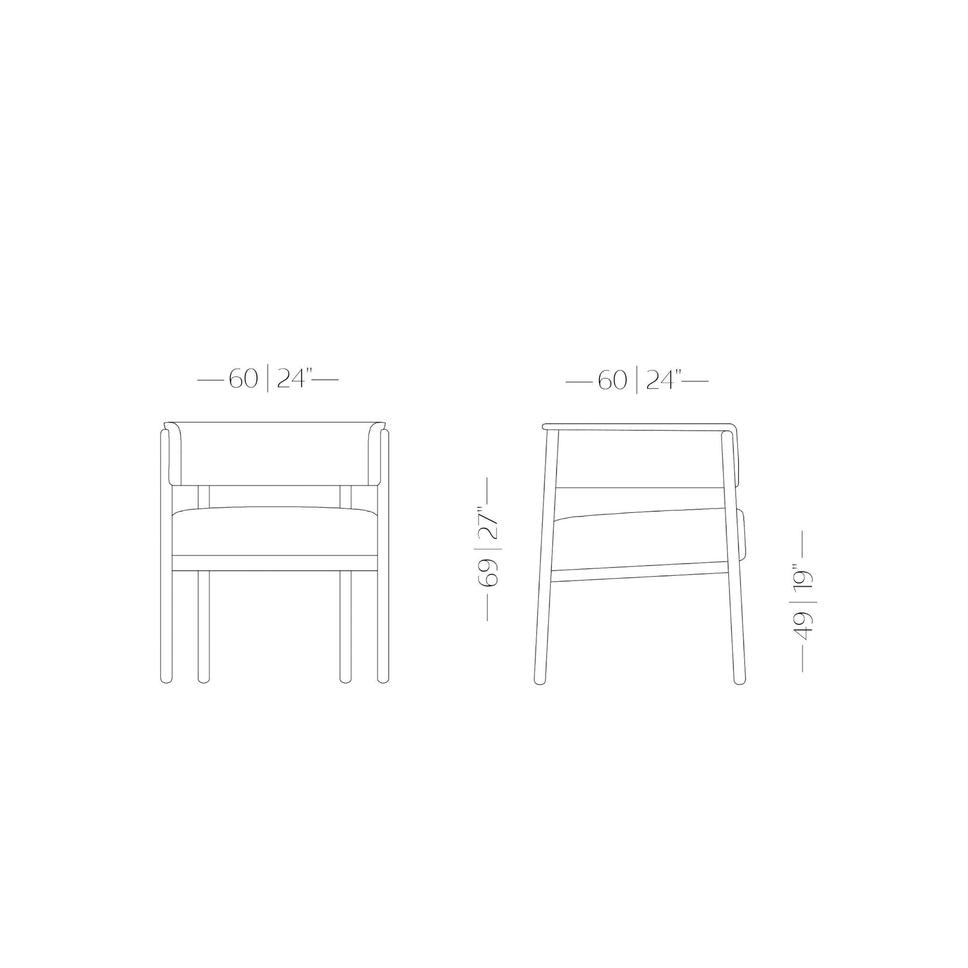 Desenho técnico da poltrona com dimensões indicadas em vista frontal e lateral