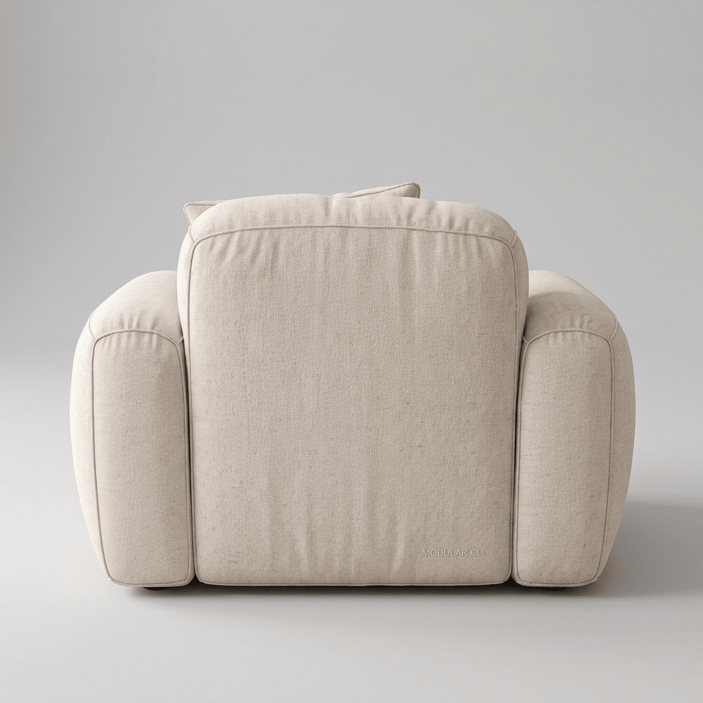 Poltrona de desenho contínuo com encosto e braços arredondados, vista posterior