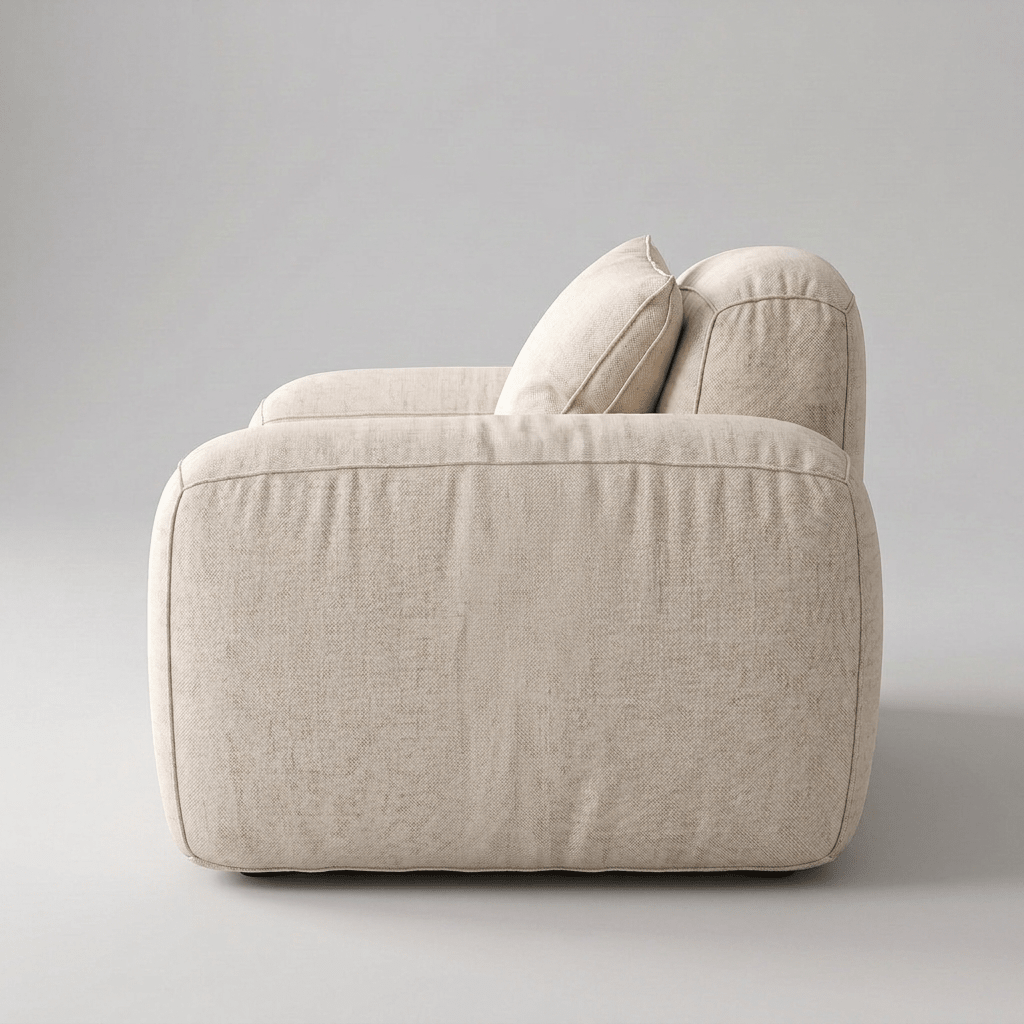 Poltrona de braços volumosos com almofadas decorativas apoiadas no encosto, vista lateral