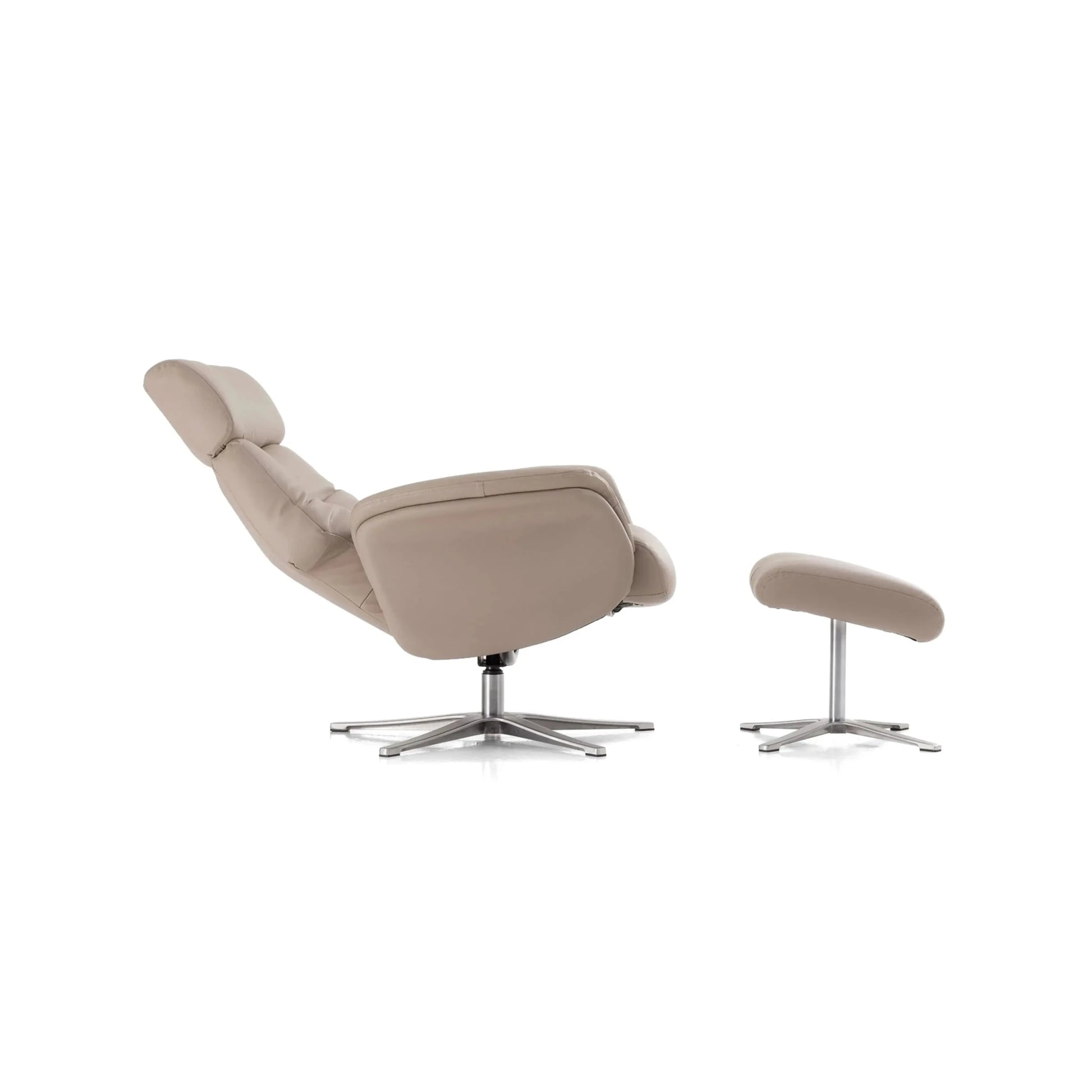 Poltrona reclinável taupe lateral com apoio para cabeça, braços acolchoados e base giratória