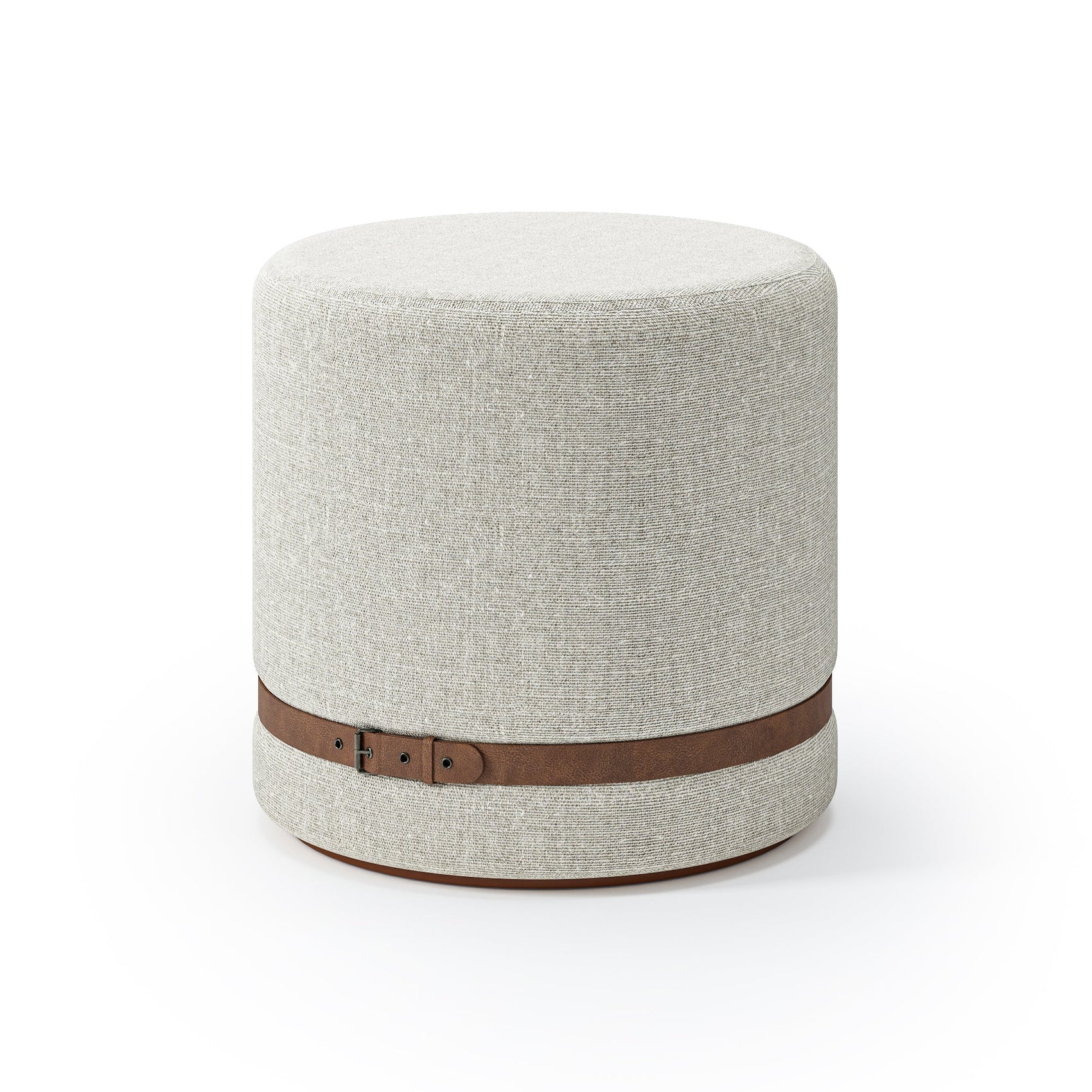 Puff redondo estofado bege, topo plano e base com faixa marrom