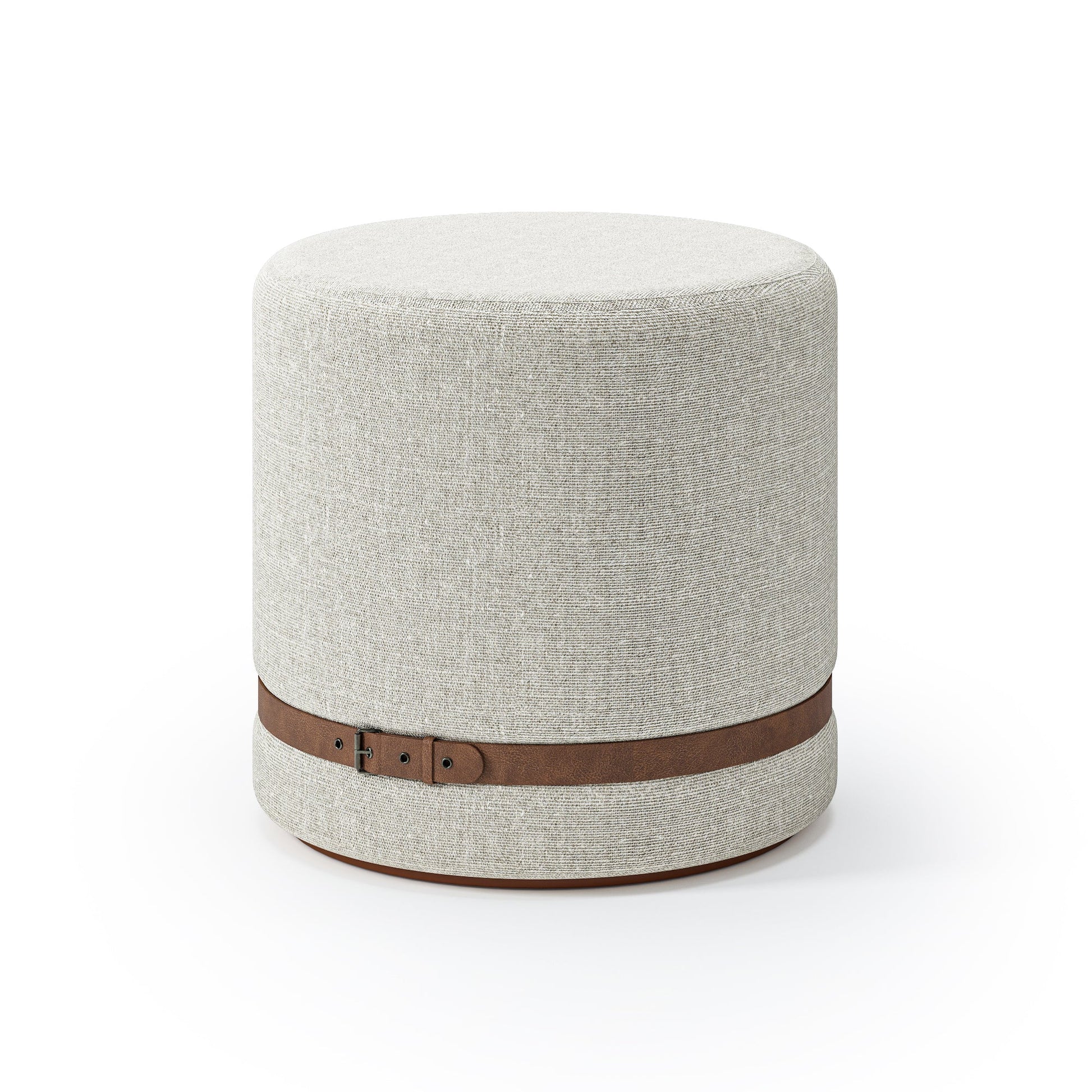 Puff redondo estofado bege, topo plano e base com faixa marrom