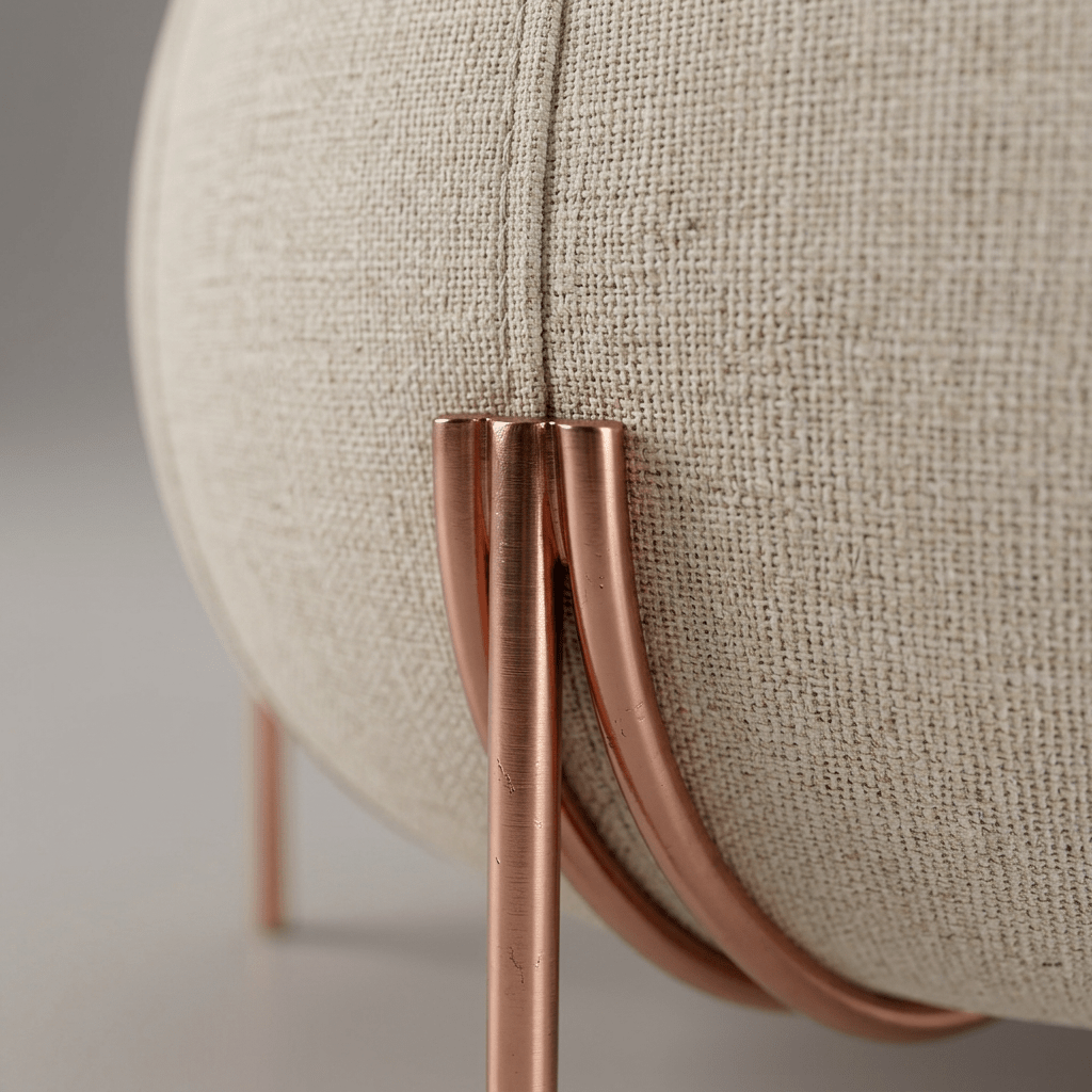 Detalhe dos pés finos curvos que abraçam a base do estofado com costura aparente