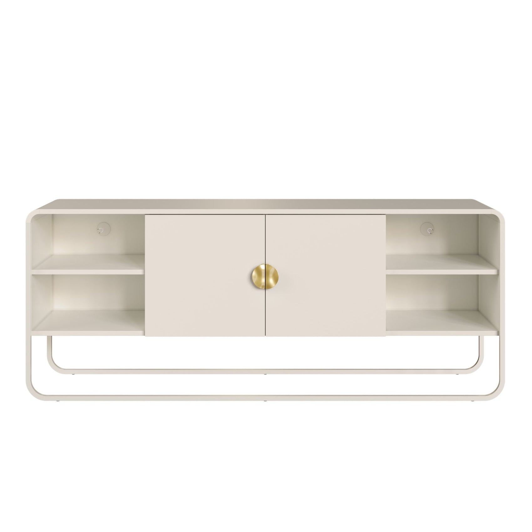 Rack offwhite com duas portas e prateleiras laterais, com puxador dourado e pés metálicos