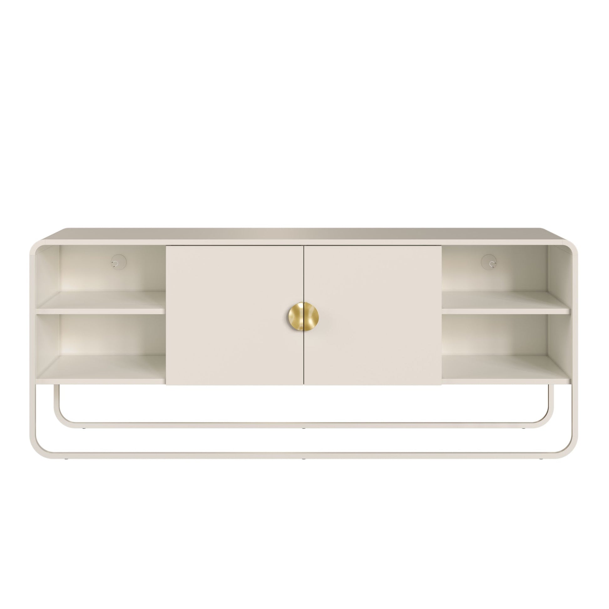 Rack offwhite com duas portas e prateleiras laterais, com puxador dourado e pés metálicos