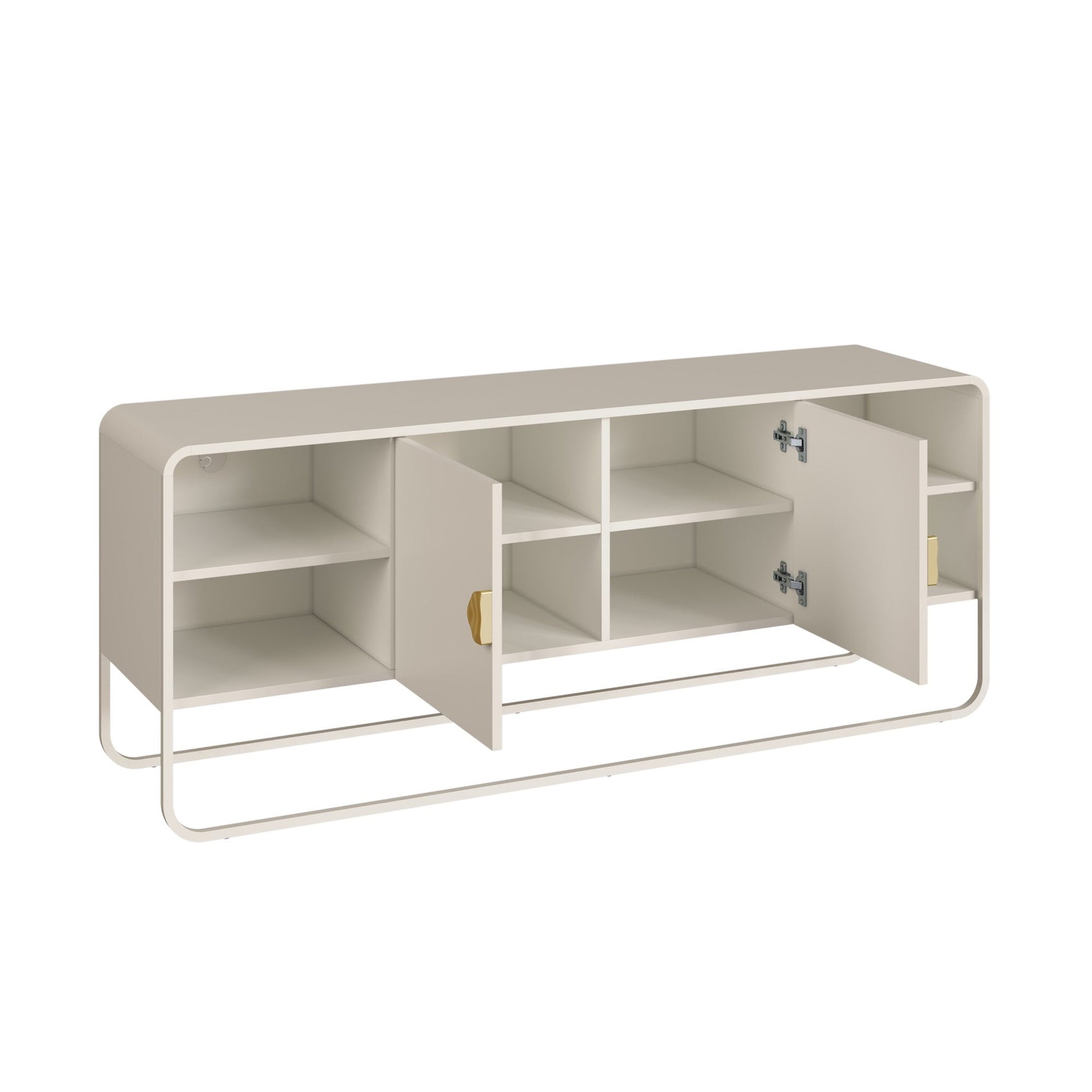 Rack offwhite com duas portas e nichos internos, pés metálicos