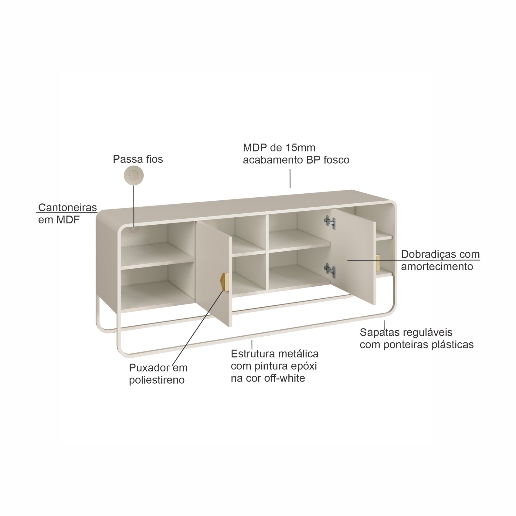 Rack organizador offwhite com duas portas e prateleiras internas, pés metálicos