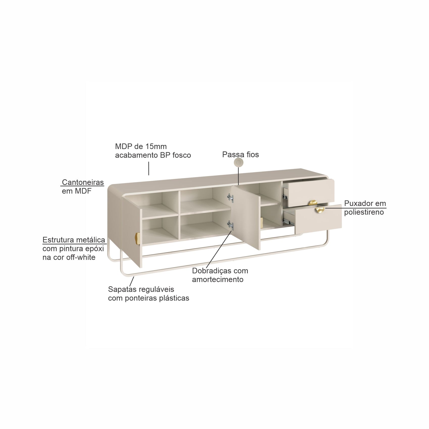 Rack 2 portas e 2 gavetas off-white com estrutura metálica e pés de metal
