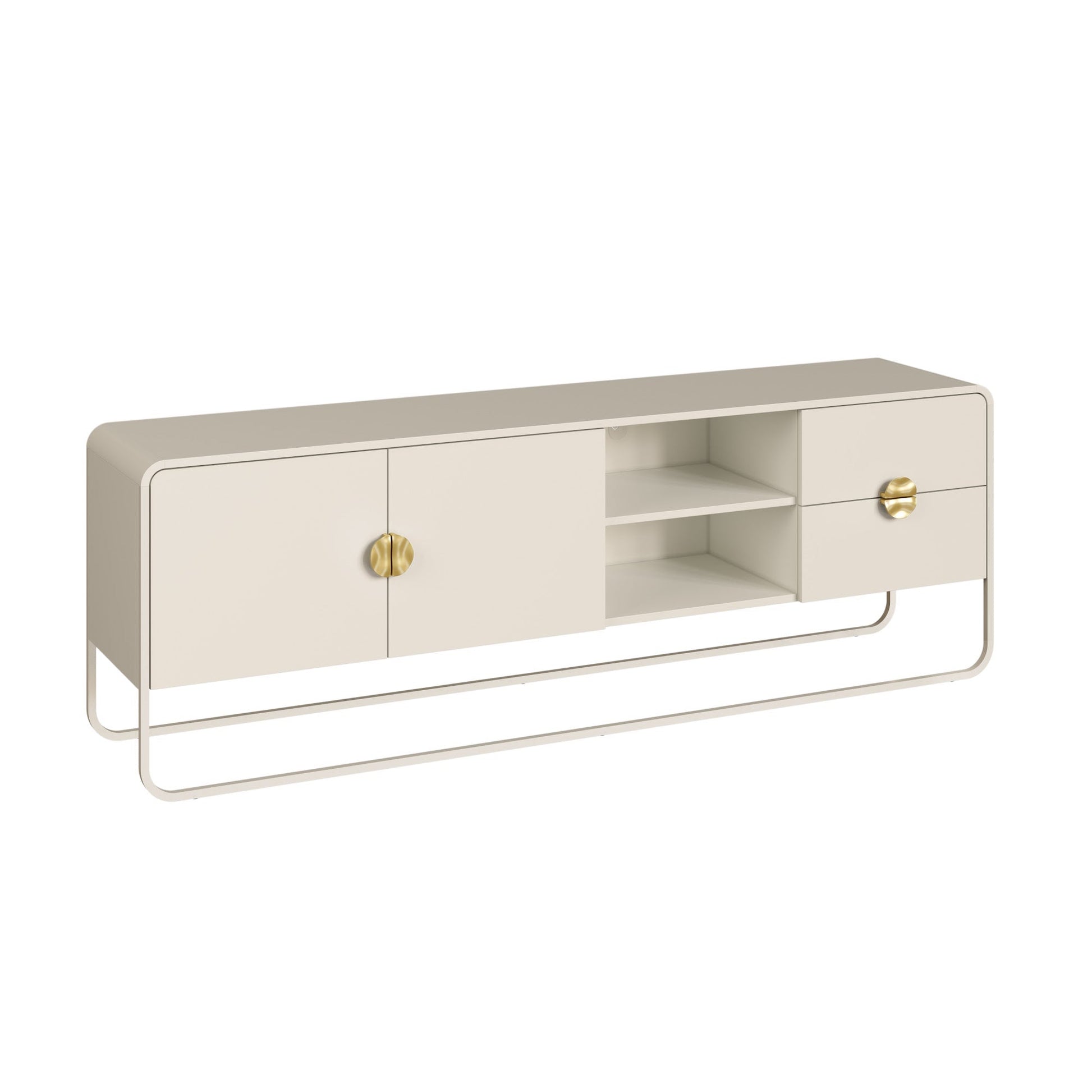 Rack off-white com 2 portas laterais, nichos internos e puxadores dourados