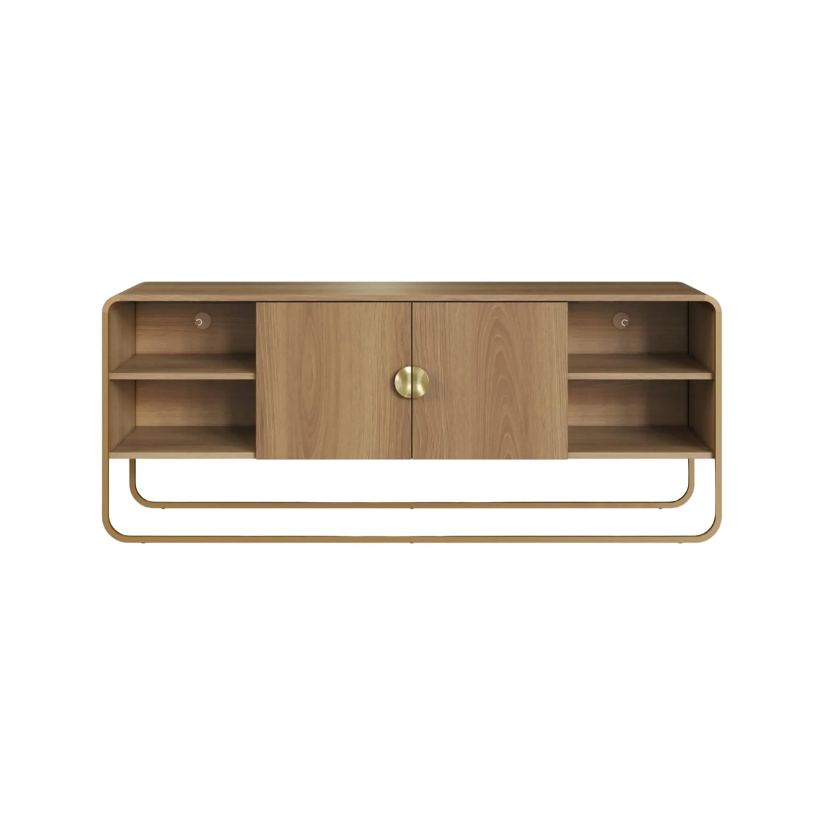 Rack amadeirado com duas portas, puxador dourado redondo e nichos laterais com prateleira, vista frontal