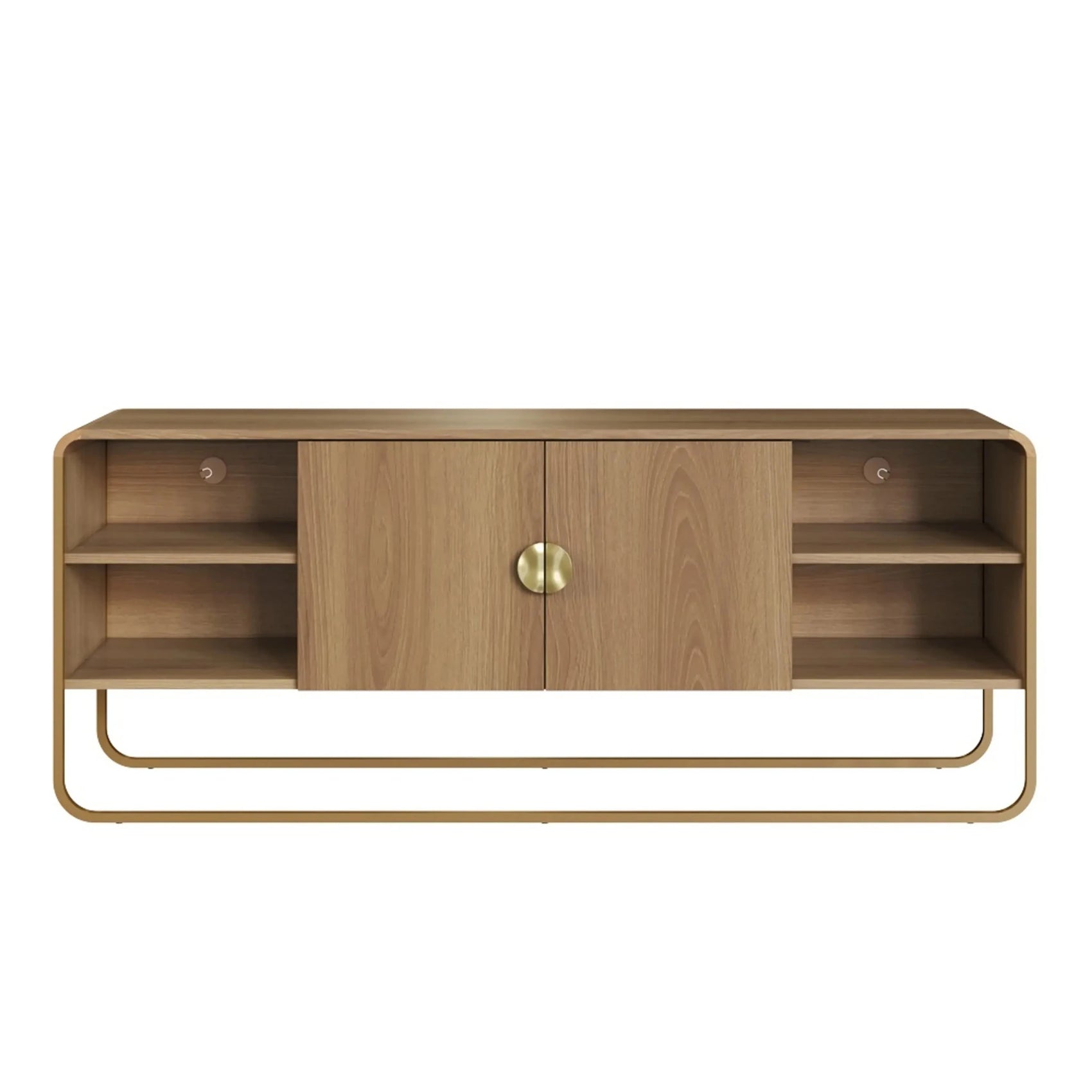 Rack com 2 portas e nichos, 150 cm, pés metálicos, tampo de madeira
