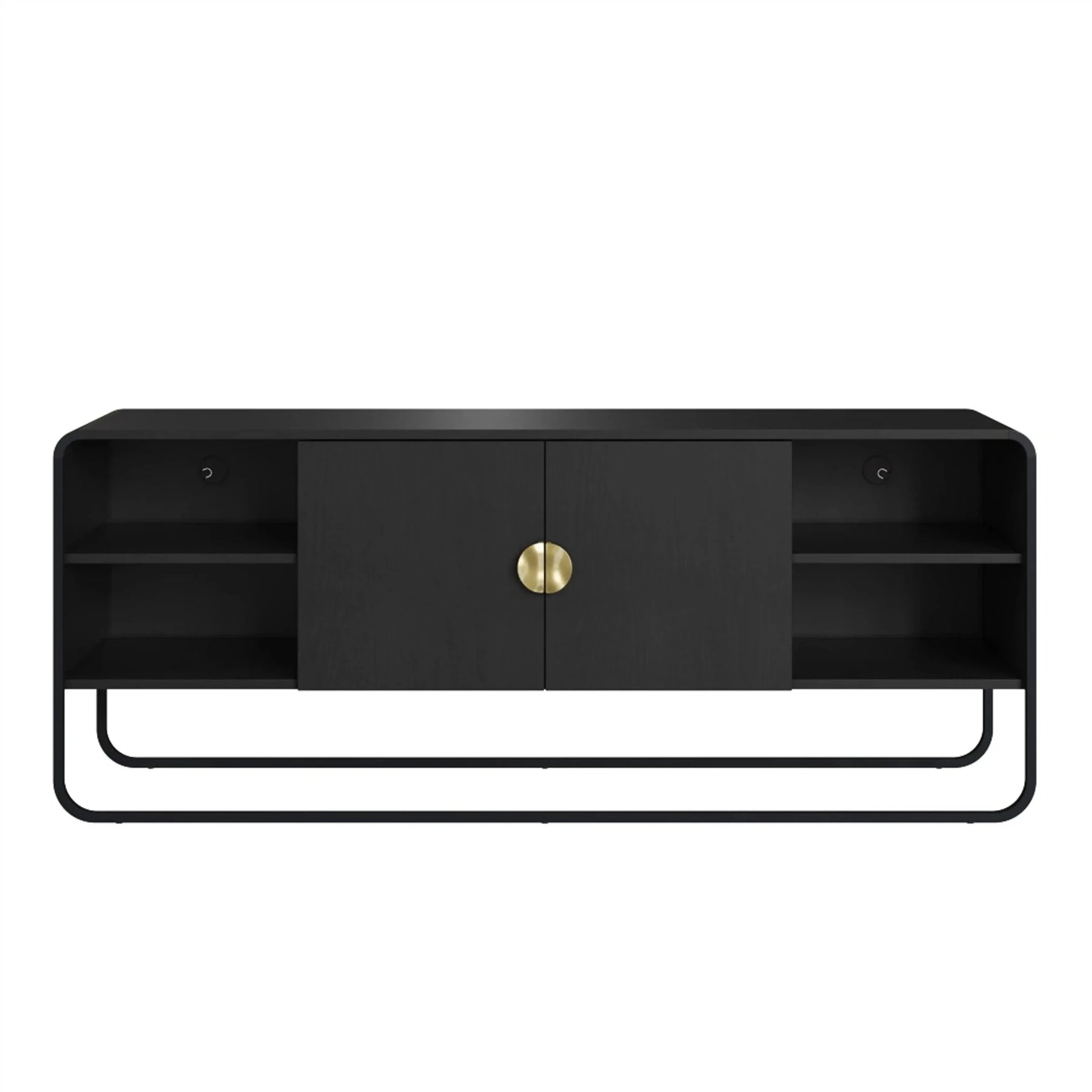 Rack de TV com 2 portas, pés de metal e compartimentos laterais, preto, com puxador dourado.