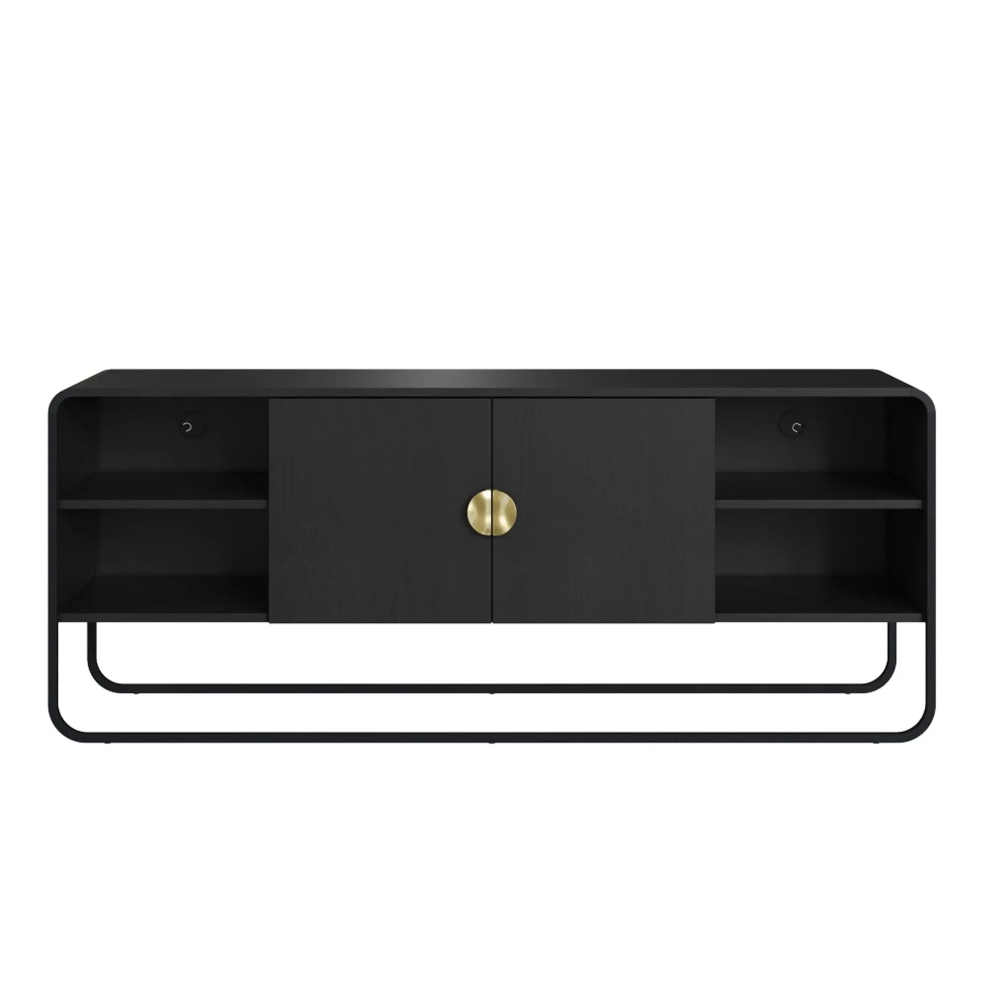 Rack de TV com 2 portas, pés de metal e compartimentos laterais, preto, com puxador dourado.