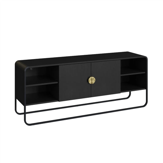 Rack de TV preto com 2 portas, puxador dourado e estrutura metálica em arco.