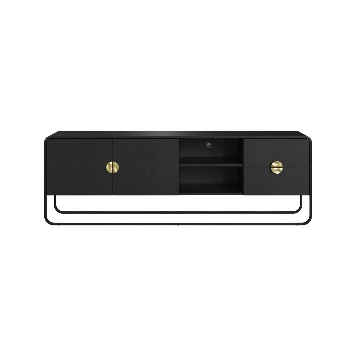 Rack preto com duas portas, nicho central com prateleira e duas gavetas, vista frontal