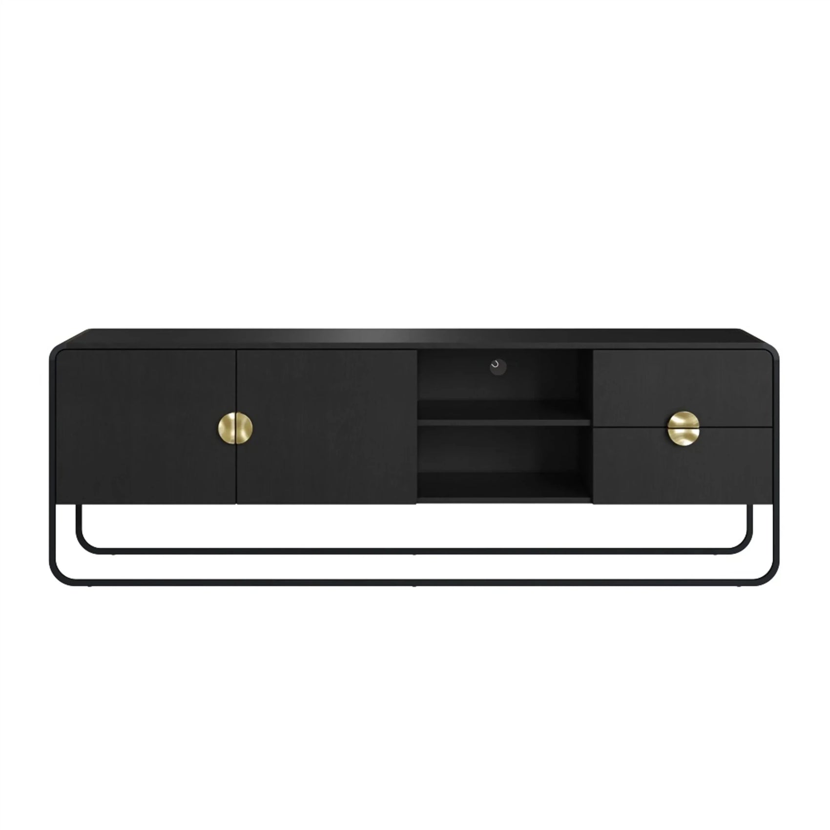 Rack preto com 2 portas, nicho central e 2 gavetas com puxadores dourados