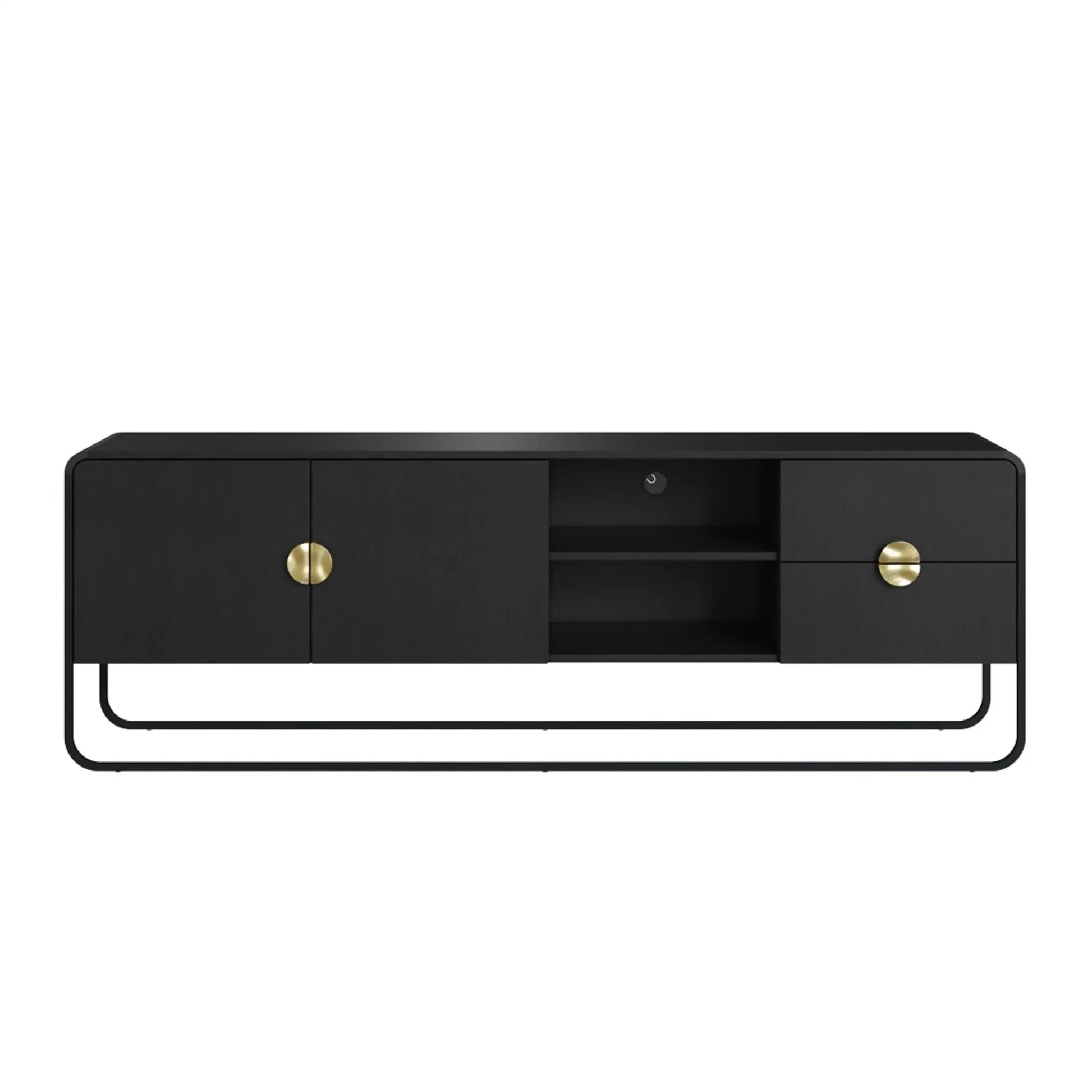 Rack preto com 2 portas, nicho central e 2 gavetas com puxadores dourados