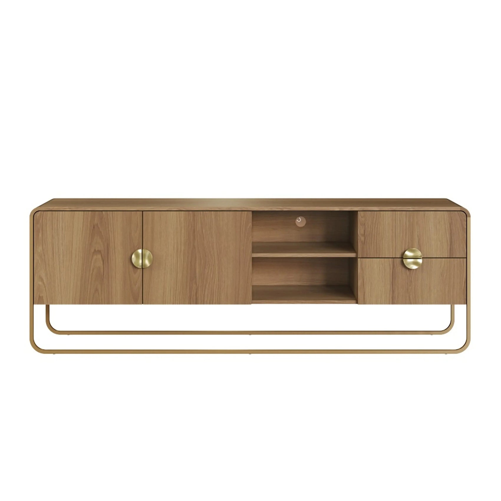 Rack Dalia 180cm 2 Portas e 2 Gavetas acabamento Hanover/Dourado com pés metálicos dourados