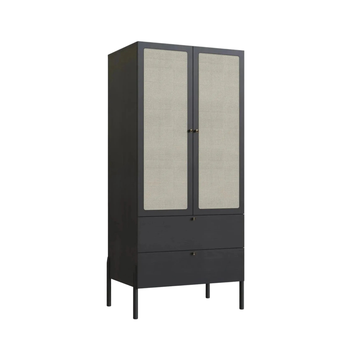 Roupeiro no acabamento Nero com duas portas de palhinha, duas gavetas e pés pretos, vista de três quartos