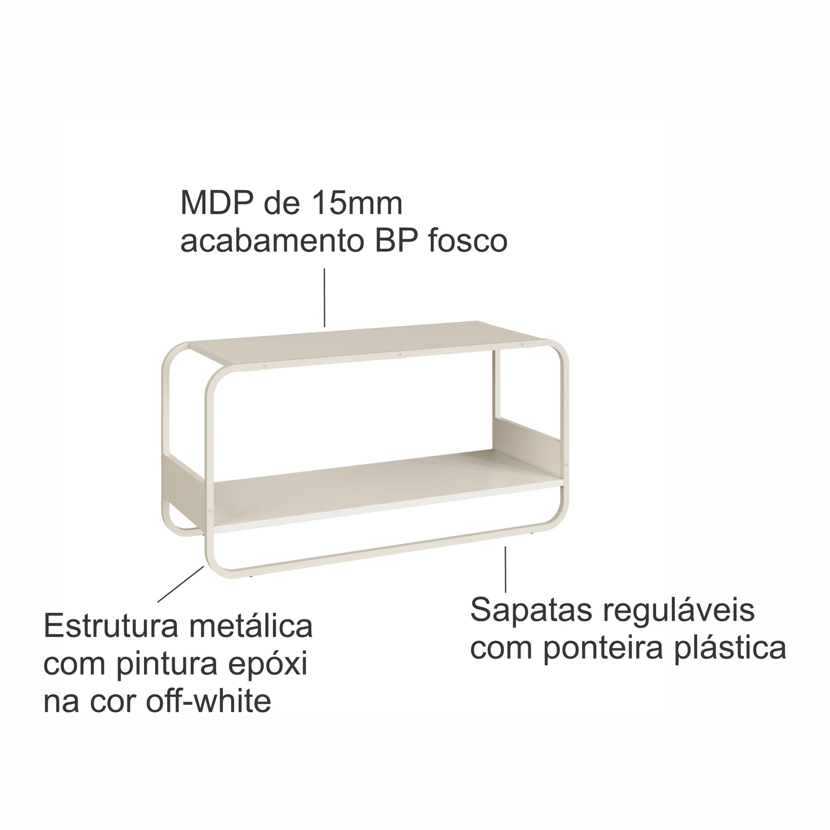 Sapateira banco com estrutura metálica off-white e 2 prateleiras abertas