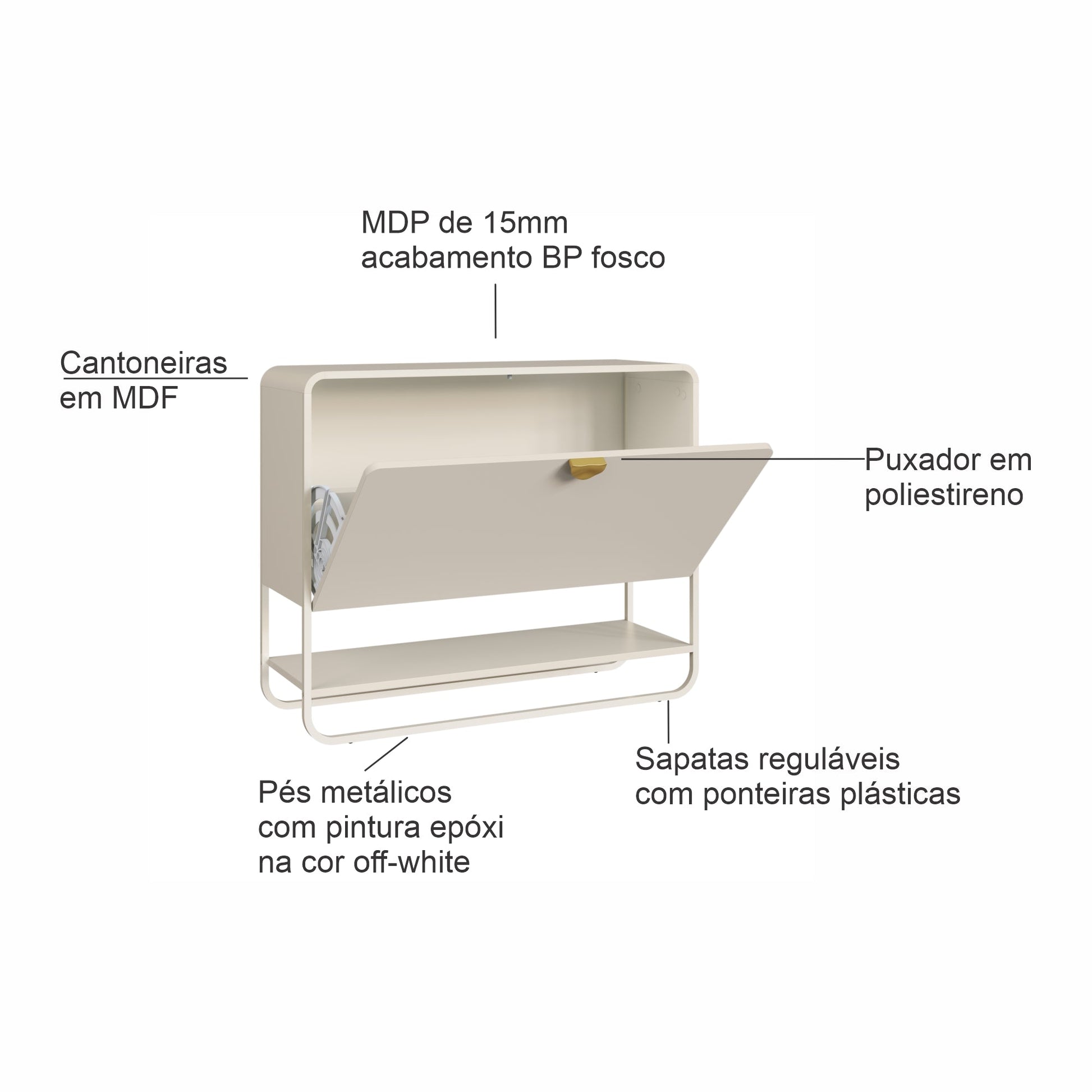 Sapateira off-white com gaveta aberta, prateleira e pés metálicos; puxador dourado
