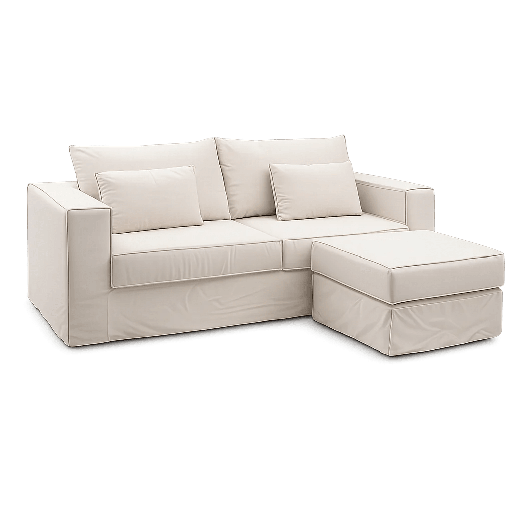 Sofá com capa, assentos estofados, chaise e costuras retas