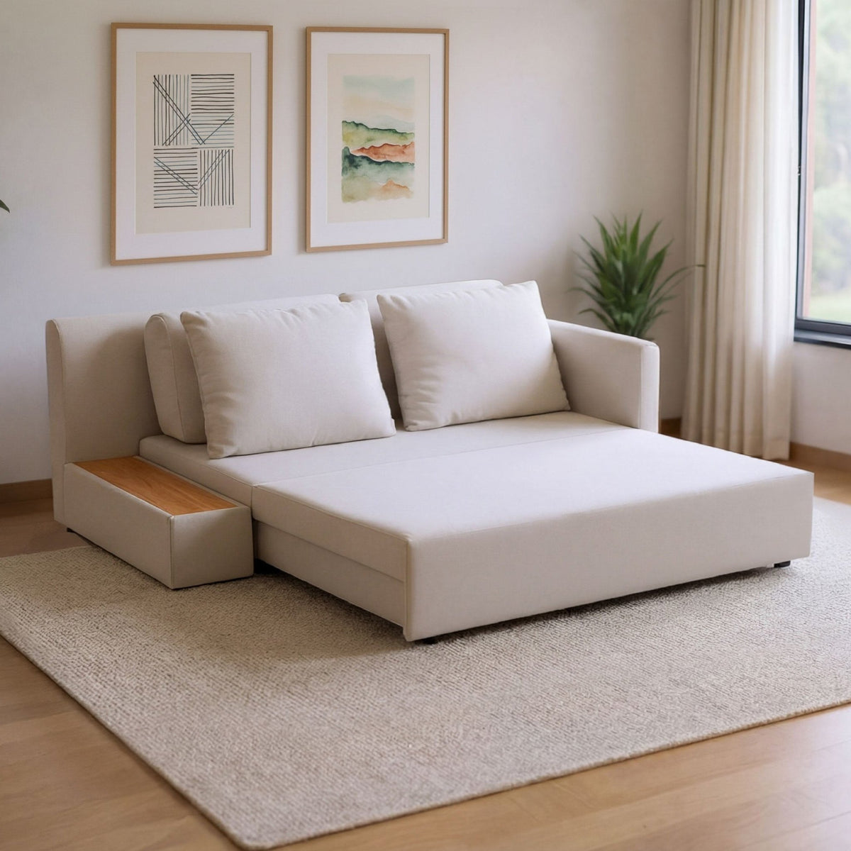 Sofá-cama fechado com almofadas e braços, vista frontal