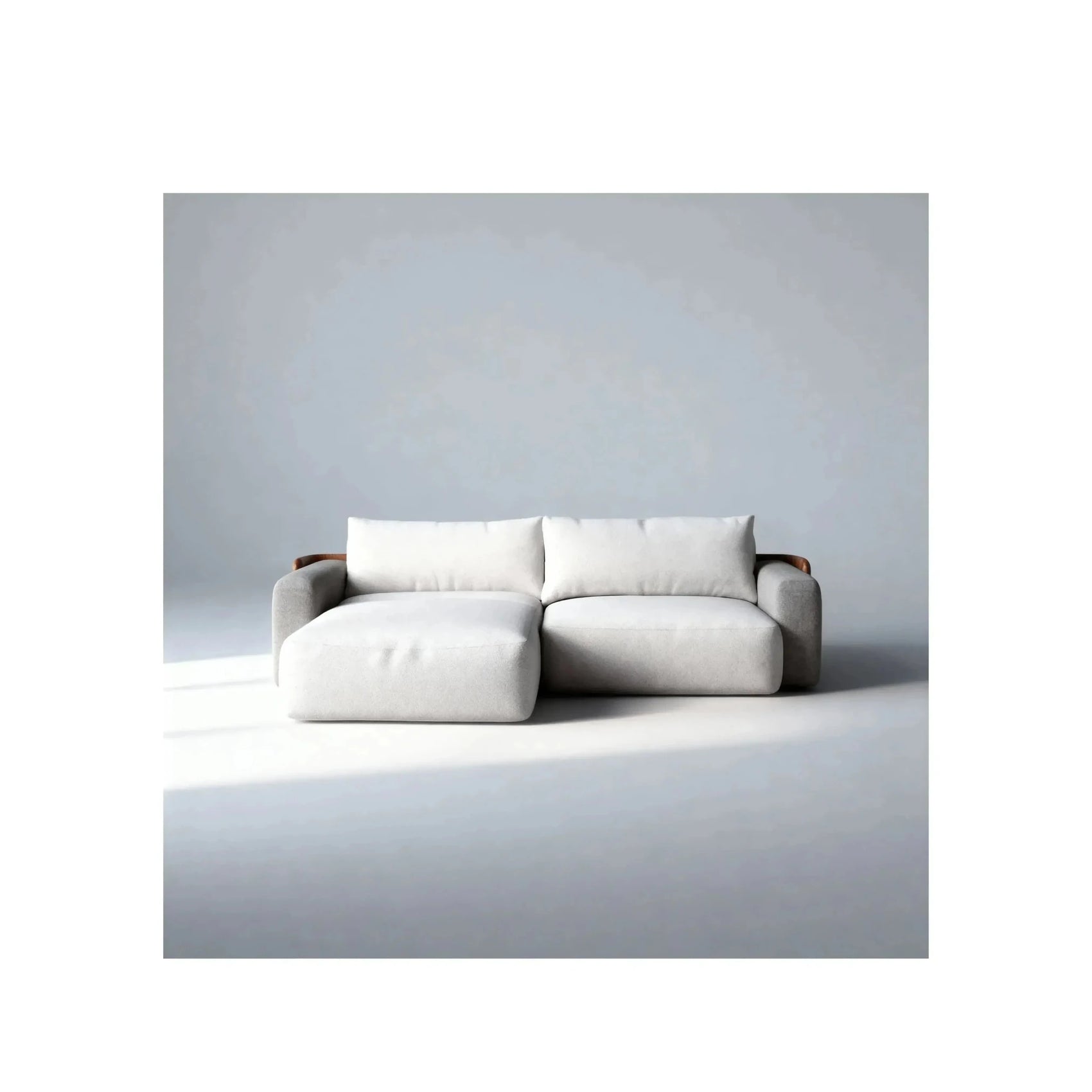 Sofá-cama com base cinza clara, almofadas brancas e encosto baixo modular