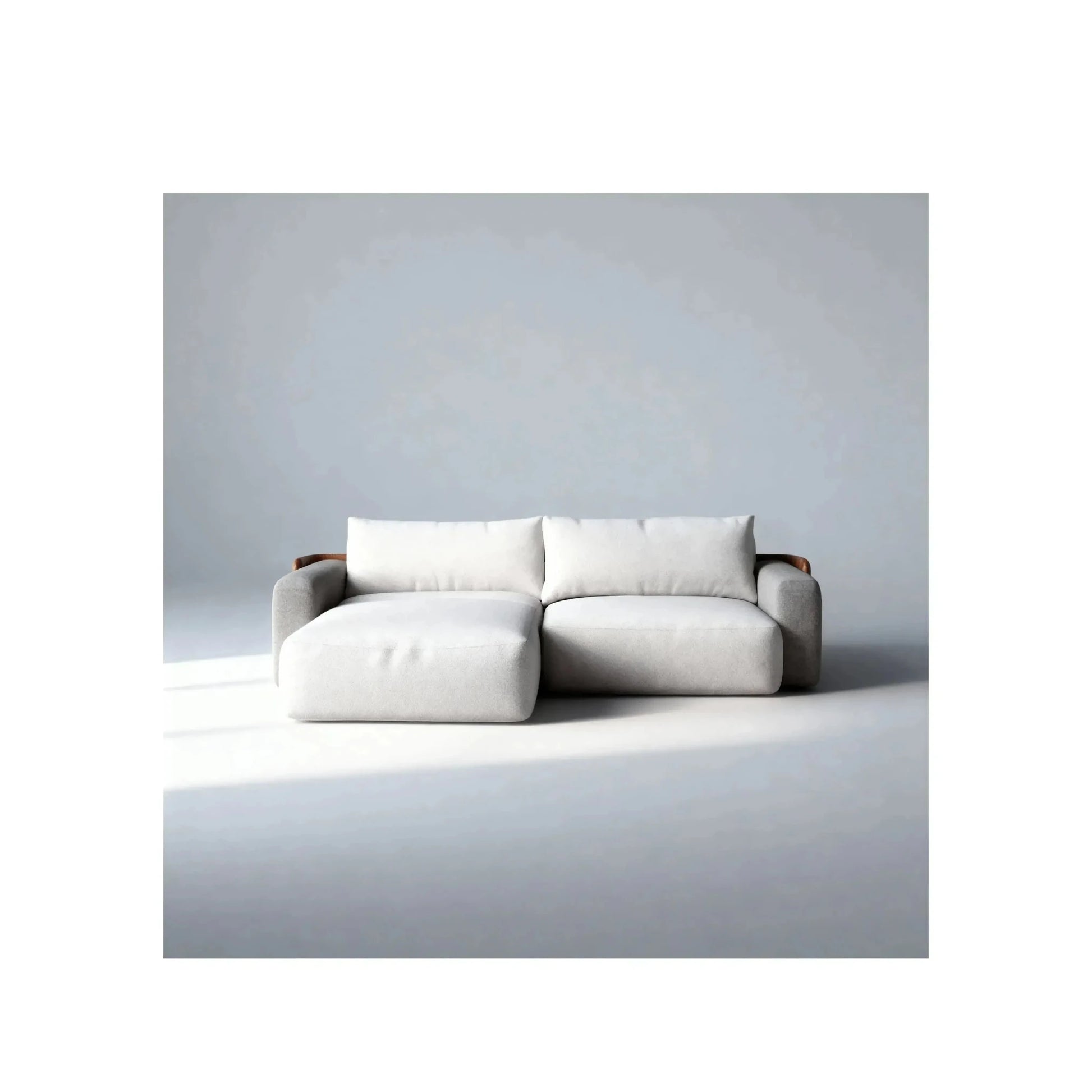 Sofá-cama com base cinza clara, almofadas brancas e encosto baixo modular