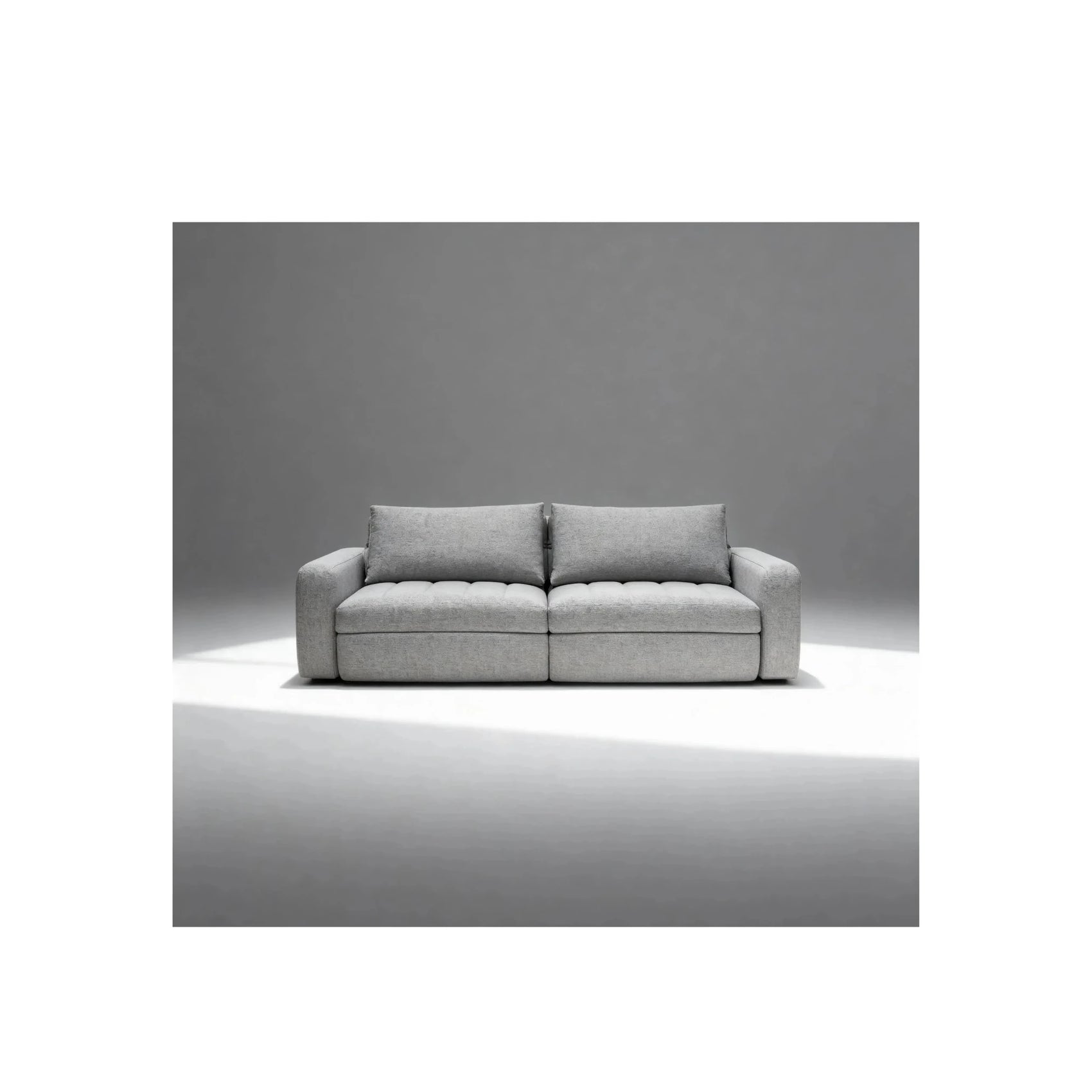 Sofá-cama de dois lugares com almofadas frontais, tecido bege-claro