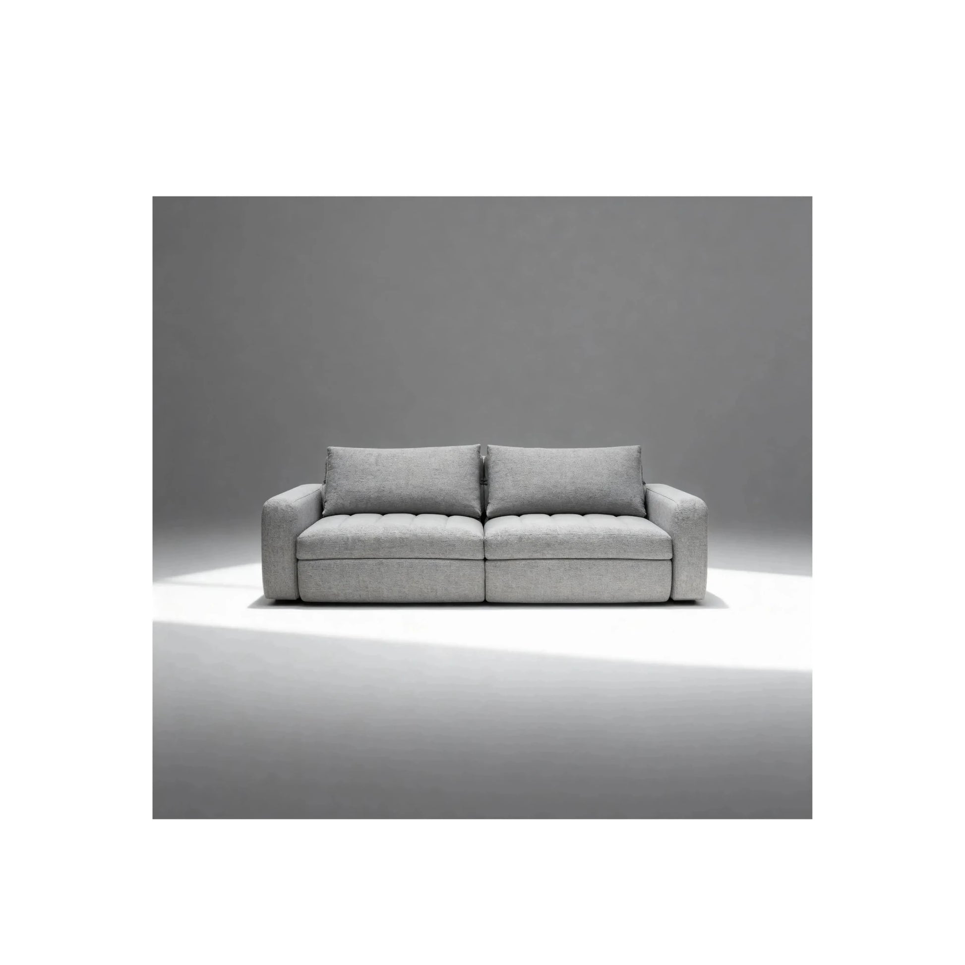Sofá-cama de dois lugares com almofadas frontais, tecido bege-claro