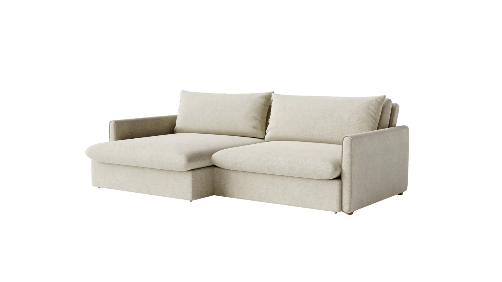 Sofá-cama bege com dois assentos e duas almofadas, braços largos e base retangular.