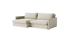Sofá-cama bege com dois assentos e duas almofadas, braços largos e base retangular.