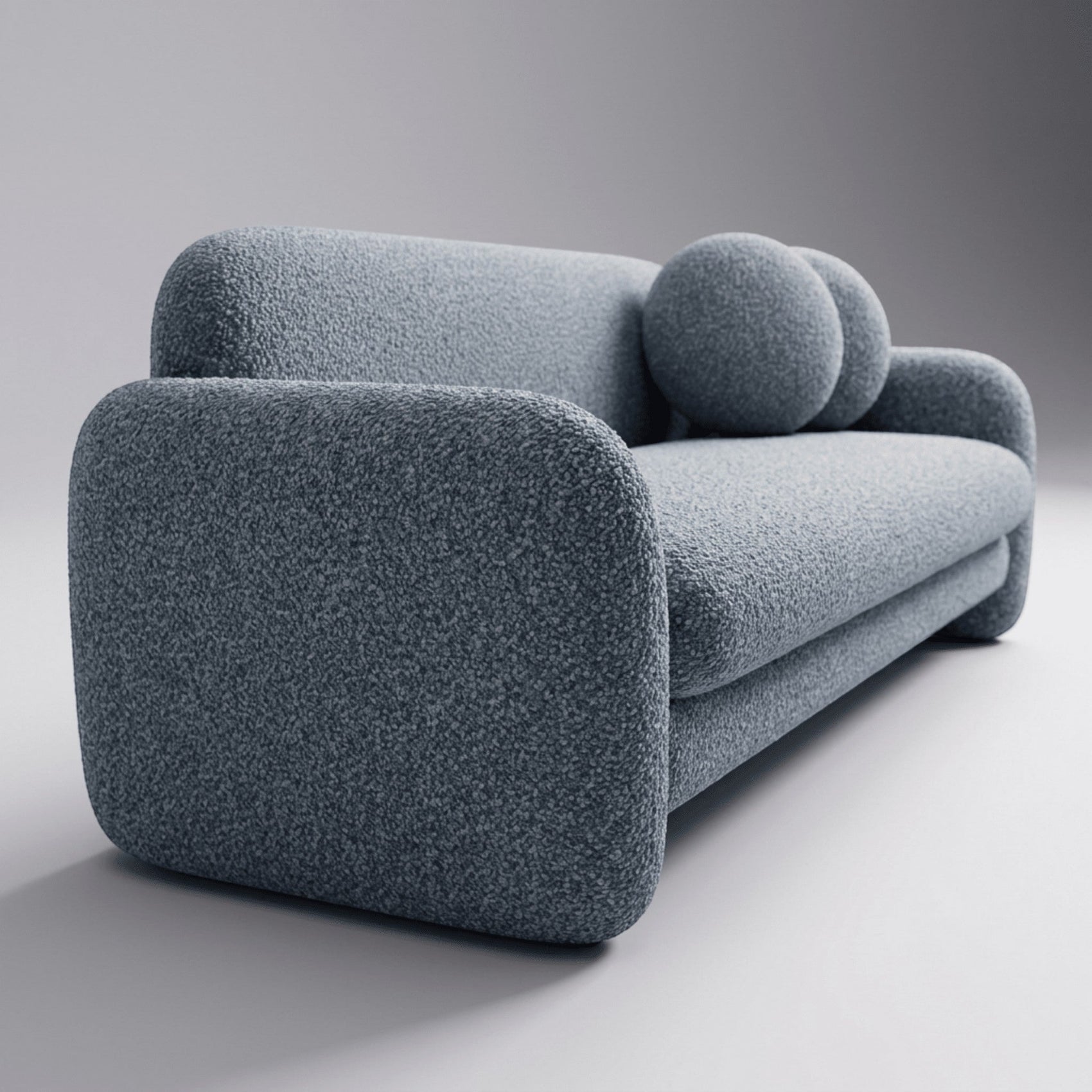 Sofá-cama estofado azul escuro, vista lateral, braços e encosto arredondados