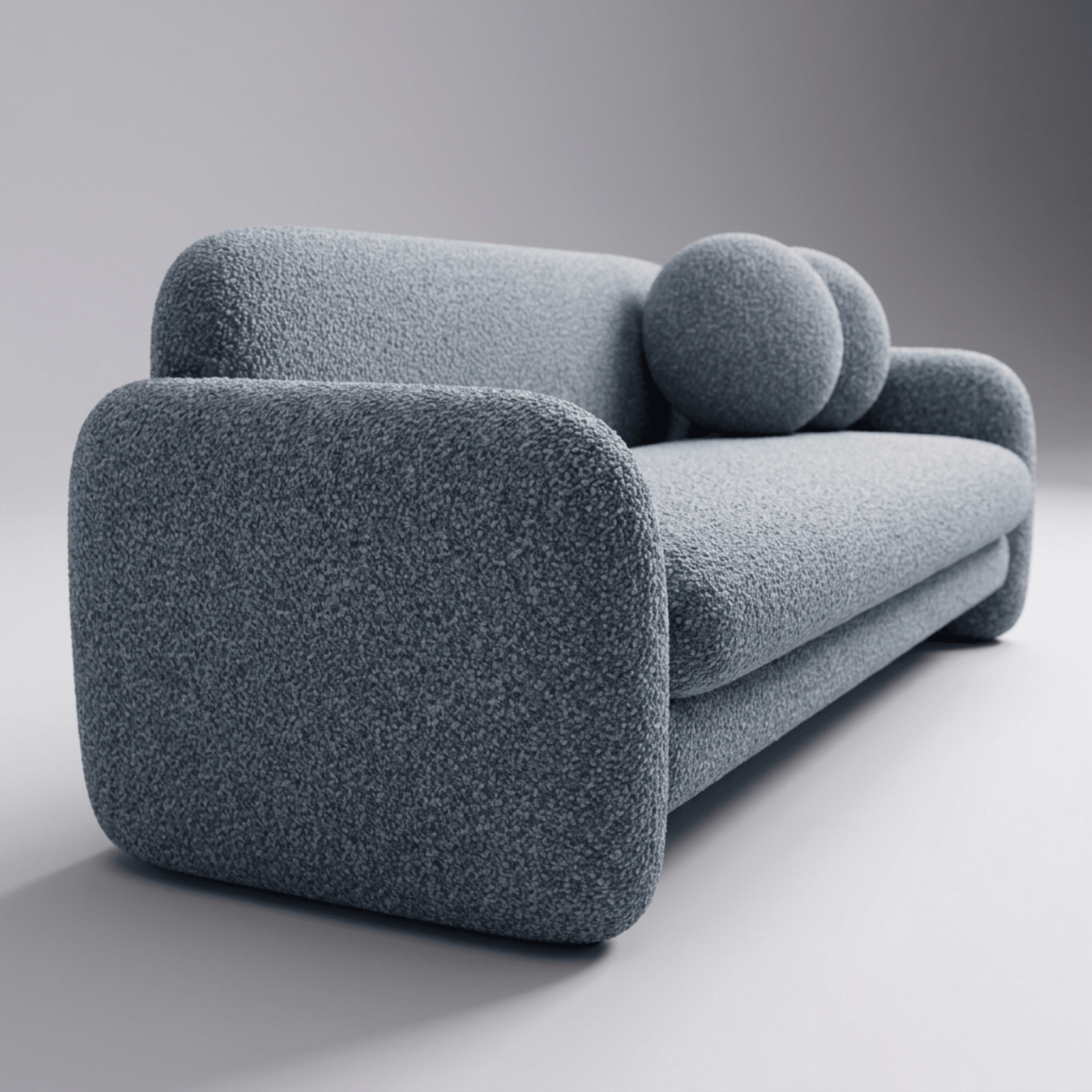 Sofá-cama azul escuro com braços arredondados e assento estofado texturizado