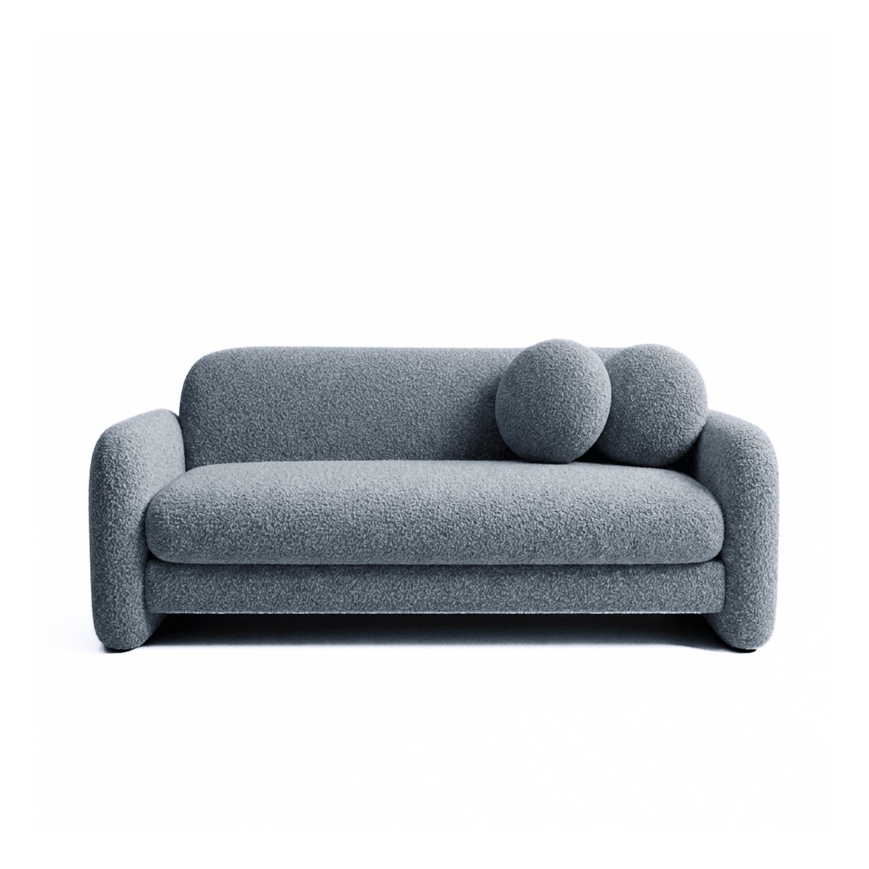 Sofá-cama estofado azul escuro com almofadas redondas no encosto