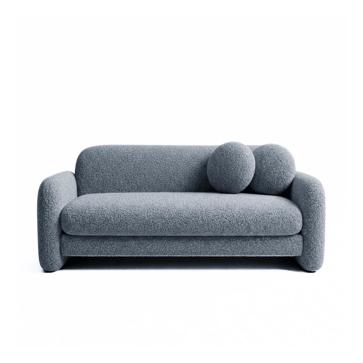 Sofá-cama estofado azul escuro com almofadas redondas no encosto