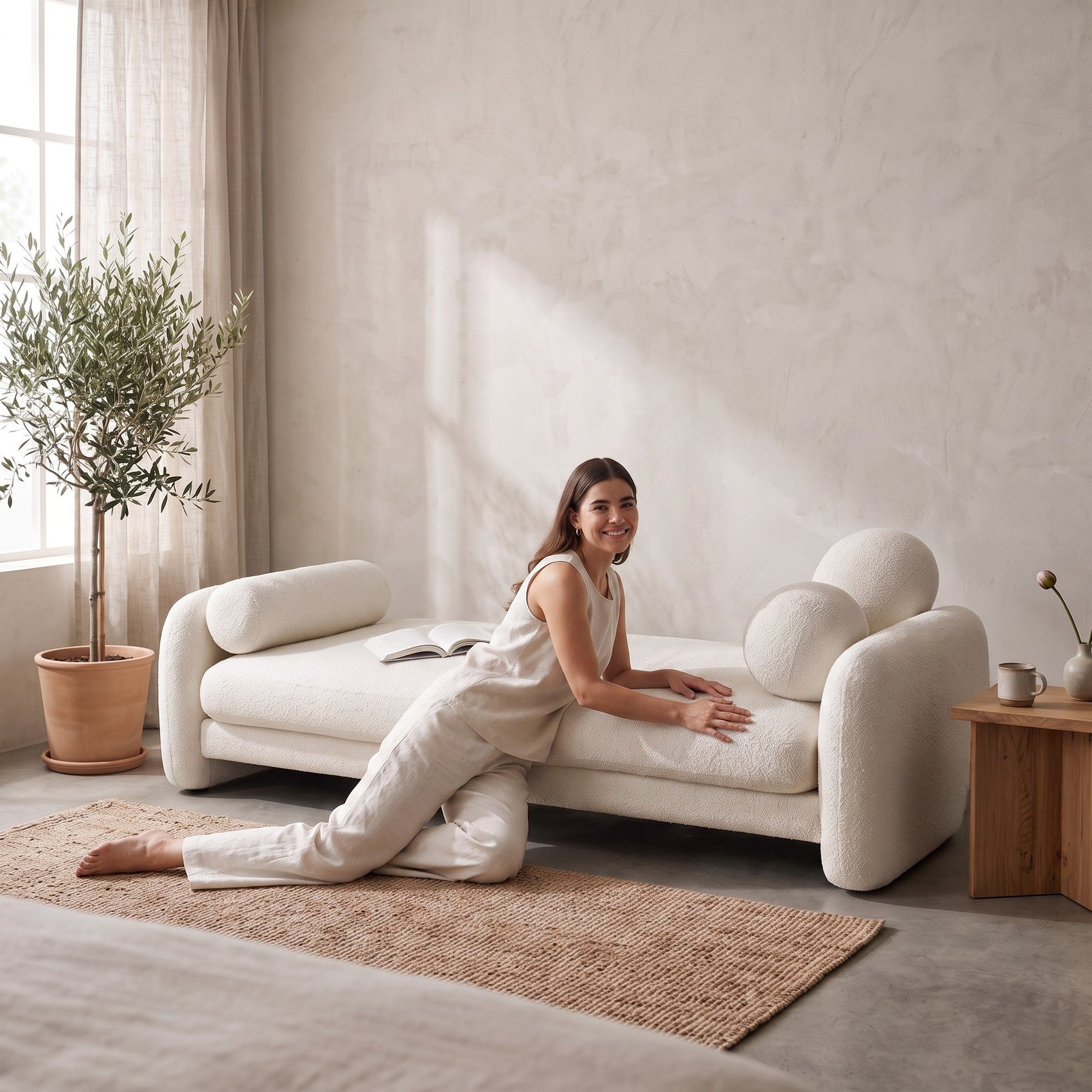 Sofá-cama estofado bege claro, almofadas redondas e braços arredondados