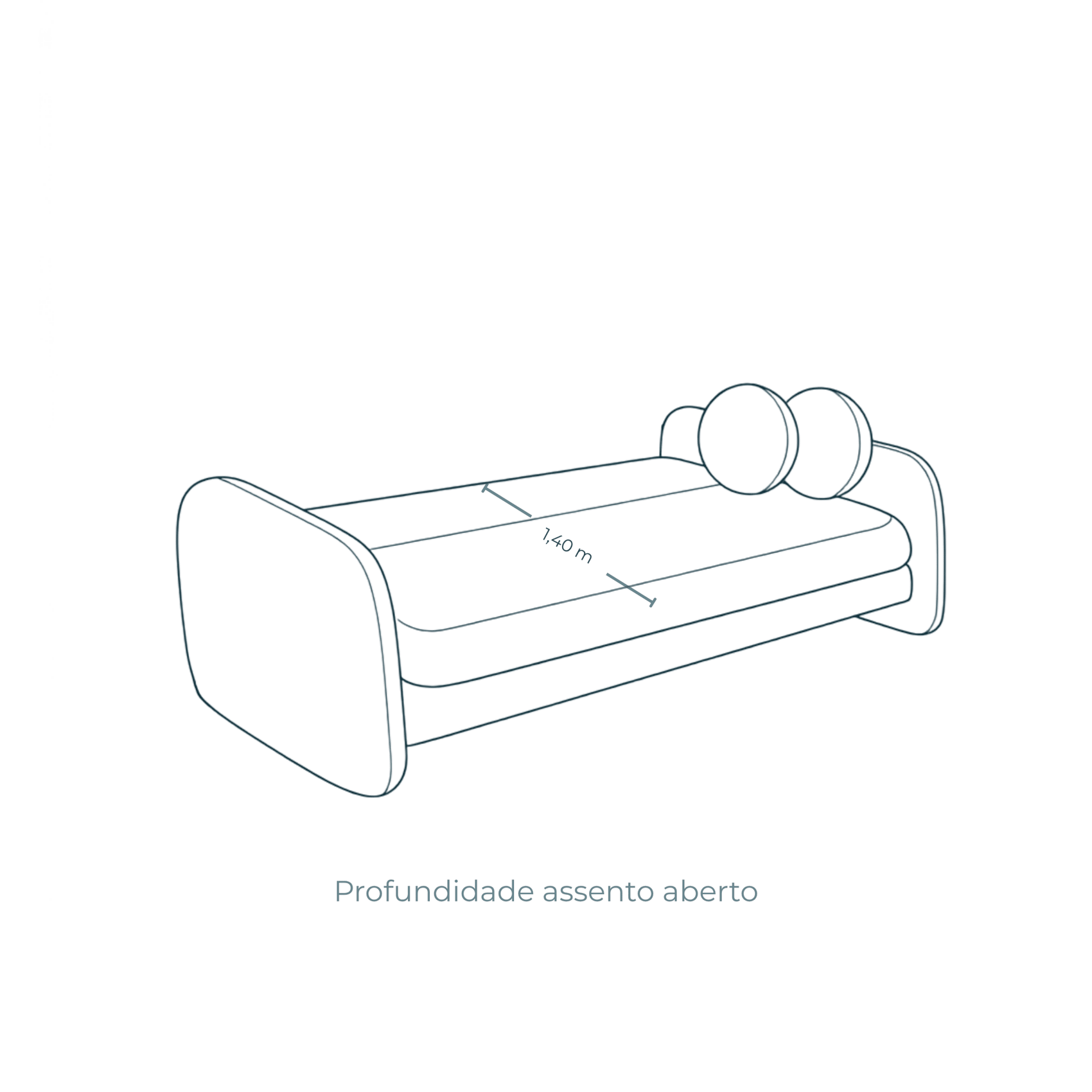 Ilustração do sofá-cama com profundidade do assento aberto e medida de 1,40 m