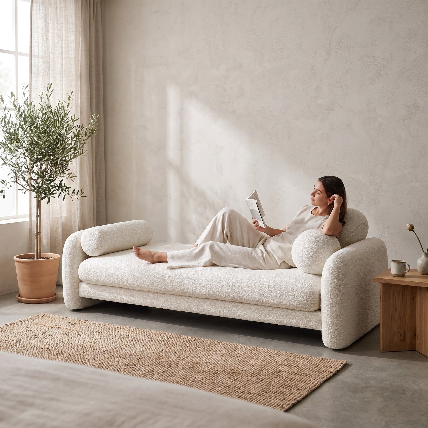 Sofá-cama estofado bege claro com almofadas redondas e assento amplo