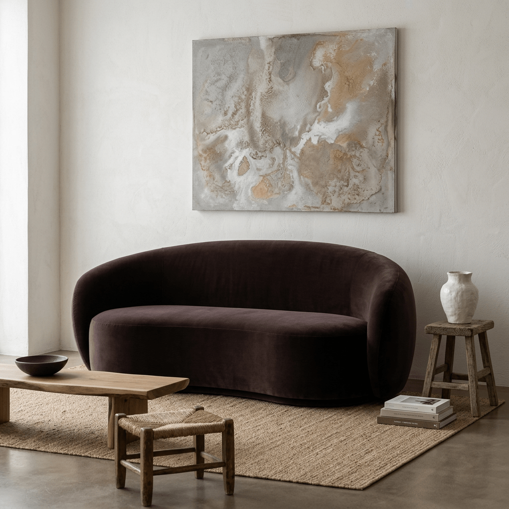 Sofá arredondado em sala de estar com quadro abstrato, mesa de centro de madeira rústica e tapete de fibra