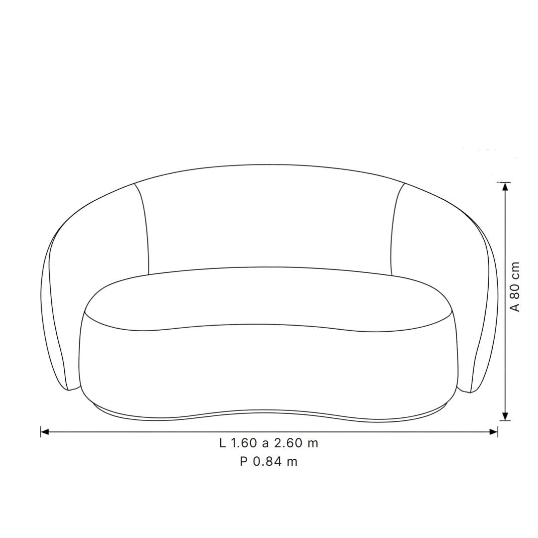 Sofá em desenho técnico de traço, vista frontal com linhas de cota