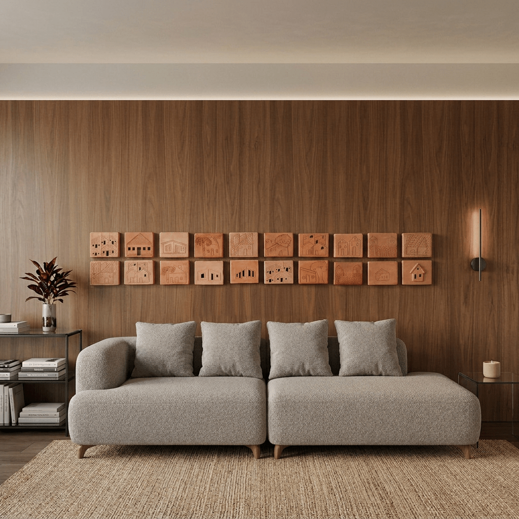 Sofá de assento baixo em sala de estar com painel de madeira, quadros de cerâmica e tapete de fibra natural