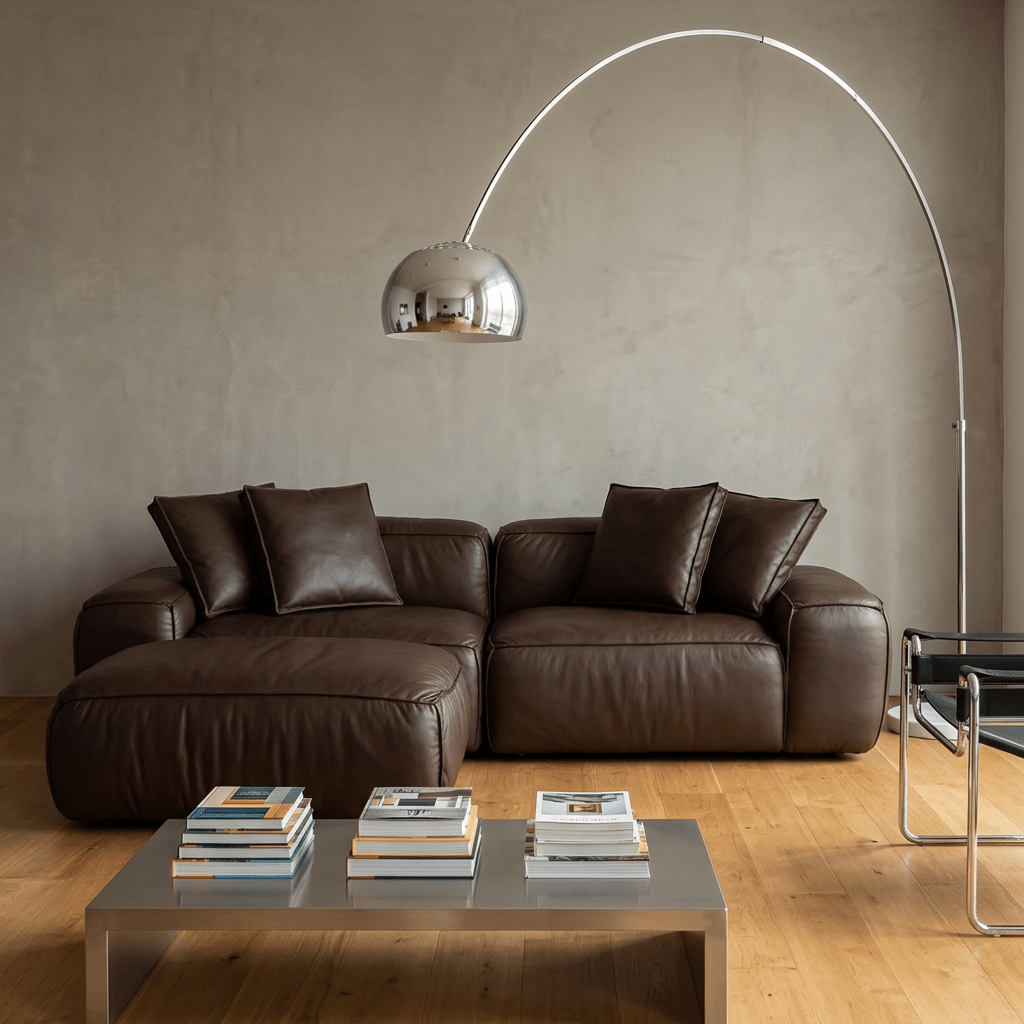 Sofá de assento baixo em sala de estar com luminária de arco, mesa de centro metálica e piso de madeira