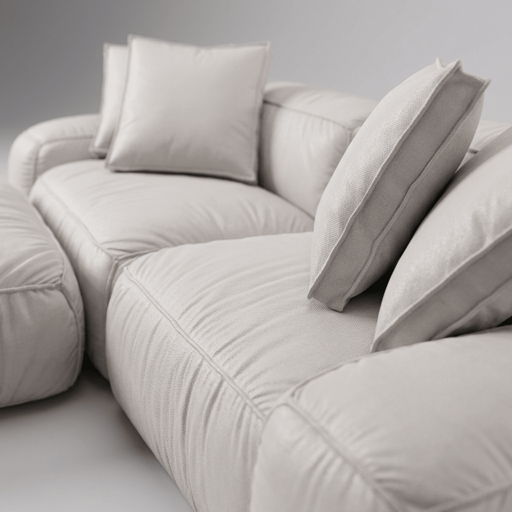 Detalhe do assento largo e das almofadas decorativas com borda costurada