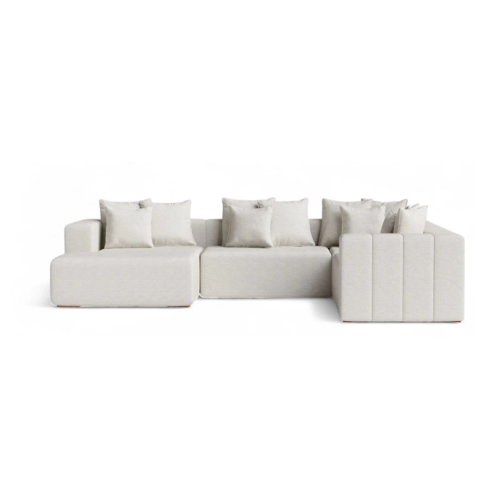 Sofá de canto modular com três módulos e almofadas no encosto, cinza claro.