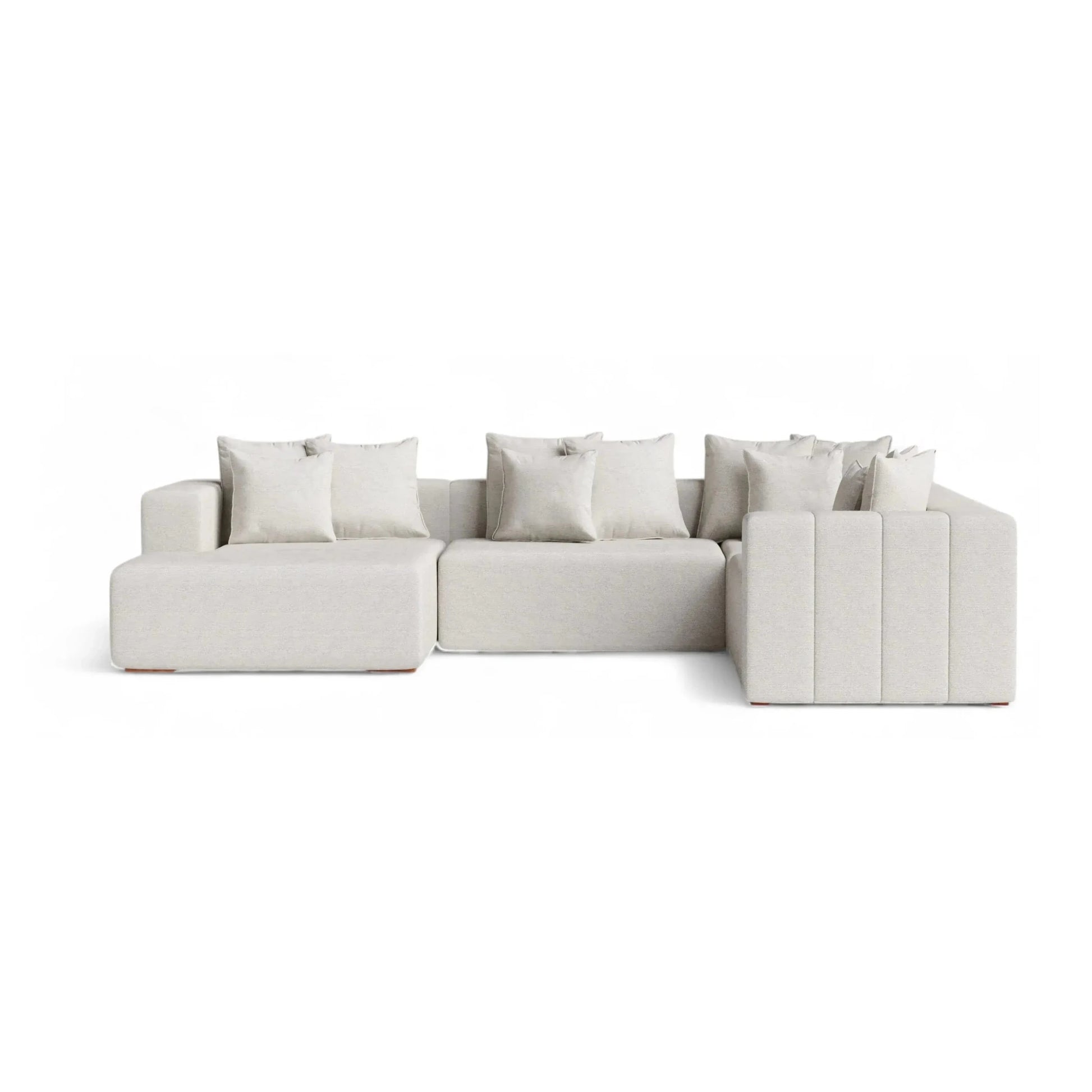Sofá de canto modular com três módulos e almofadas no encosto, cinza claro.