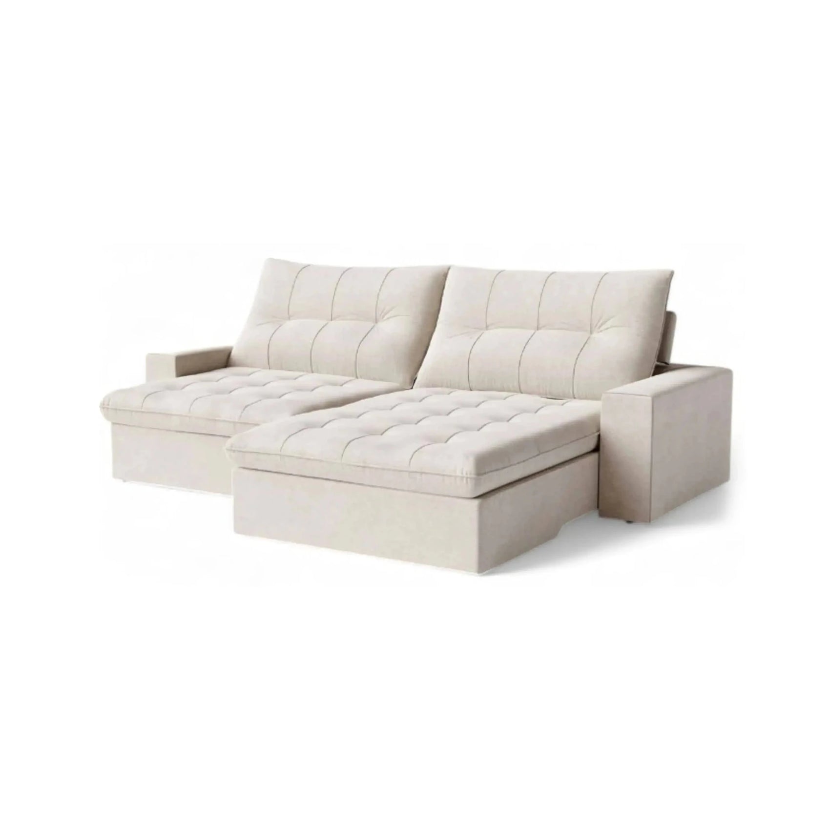 Sofá retrátil em tecido bege com chaise e assento articulado, estilo moderno